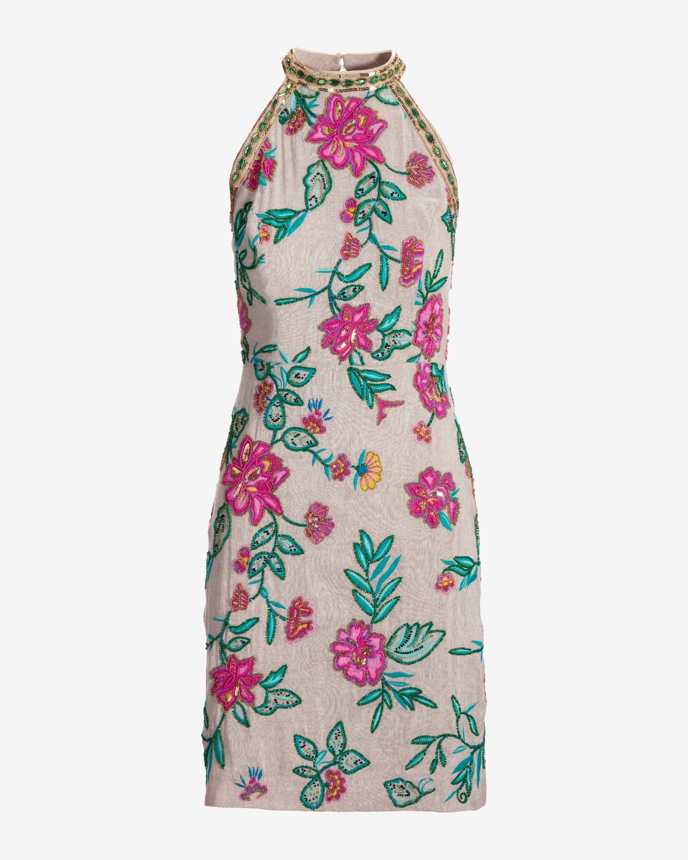 Mock Neck Multicolored Bead Embellished And Embroidered Sheath Dress Flax