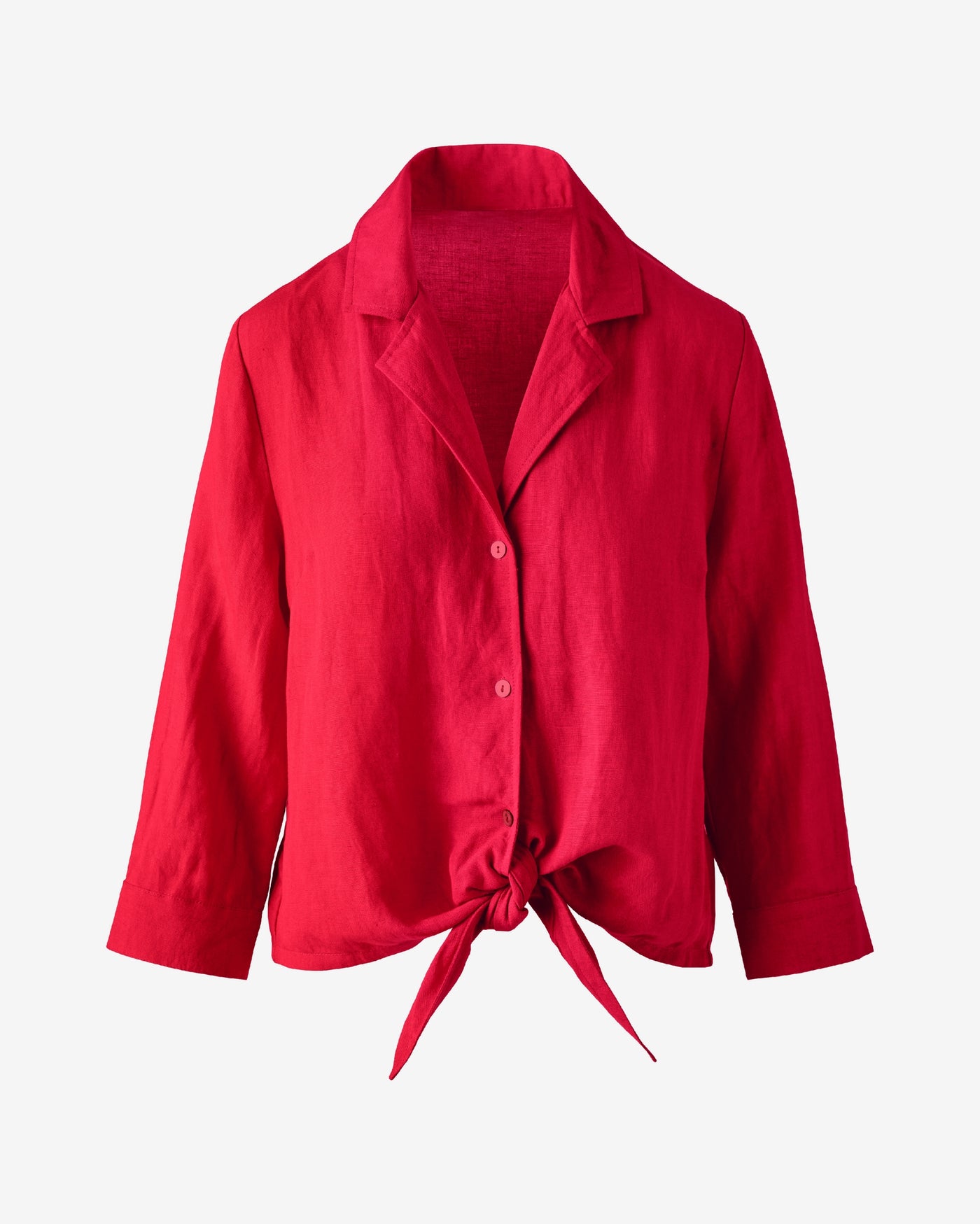 Linen Notched Collar Tie Front Shirt Tomato Red