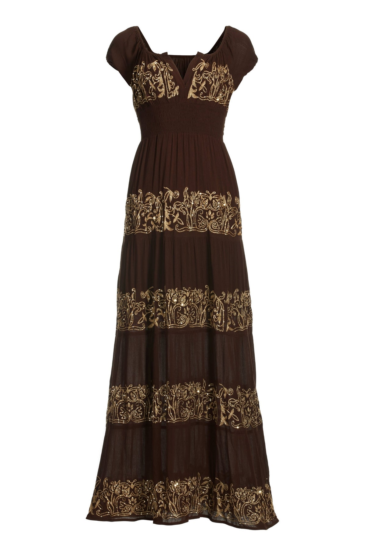 Metallic Detail Tiered Peasant Maxi Dress Coffee Bean
