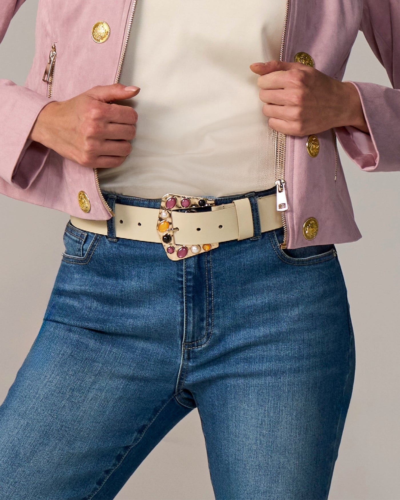 Embellished Gem Buckle Belt Beige