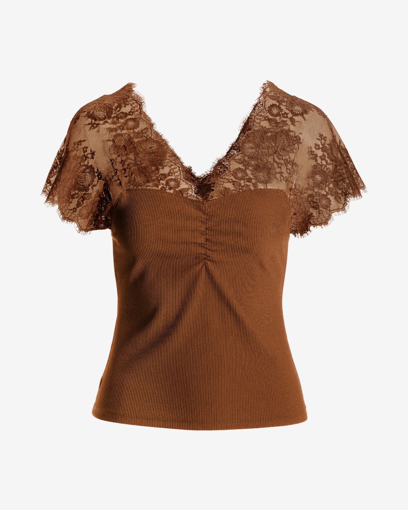 Delicate Lace and Slink Rib  Knit Top Tortoise Shell