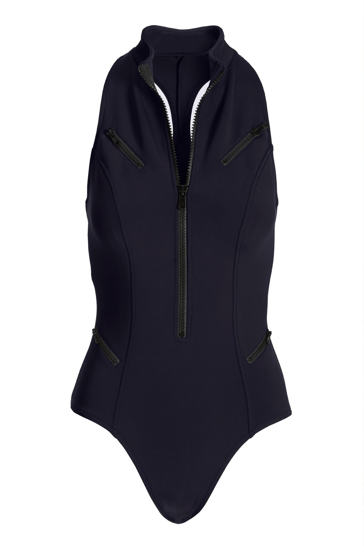 High Neck Zip Front Scuba One Piece Black