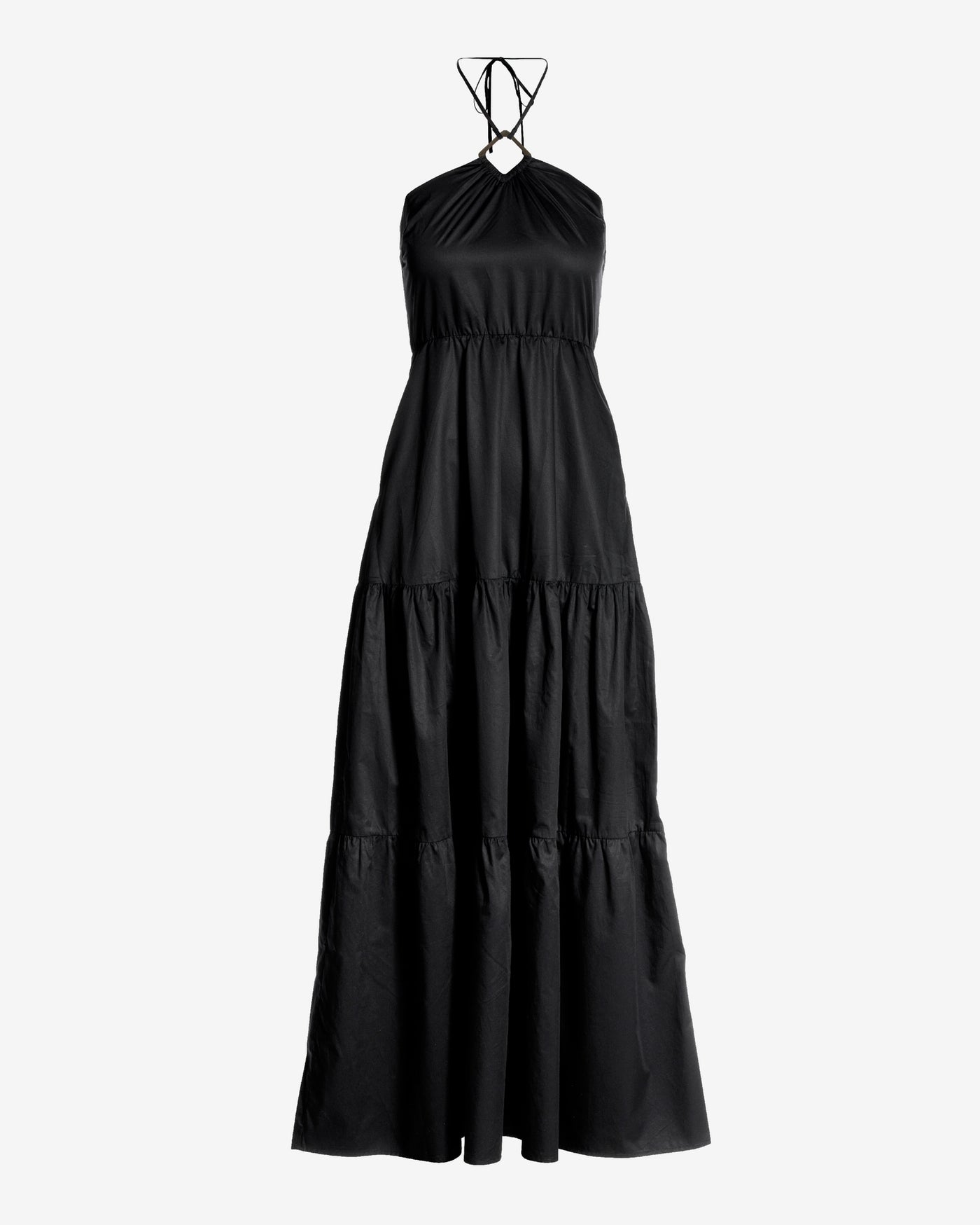 Hardware Halter Tiered Poplin Maxi Dress Black