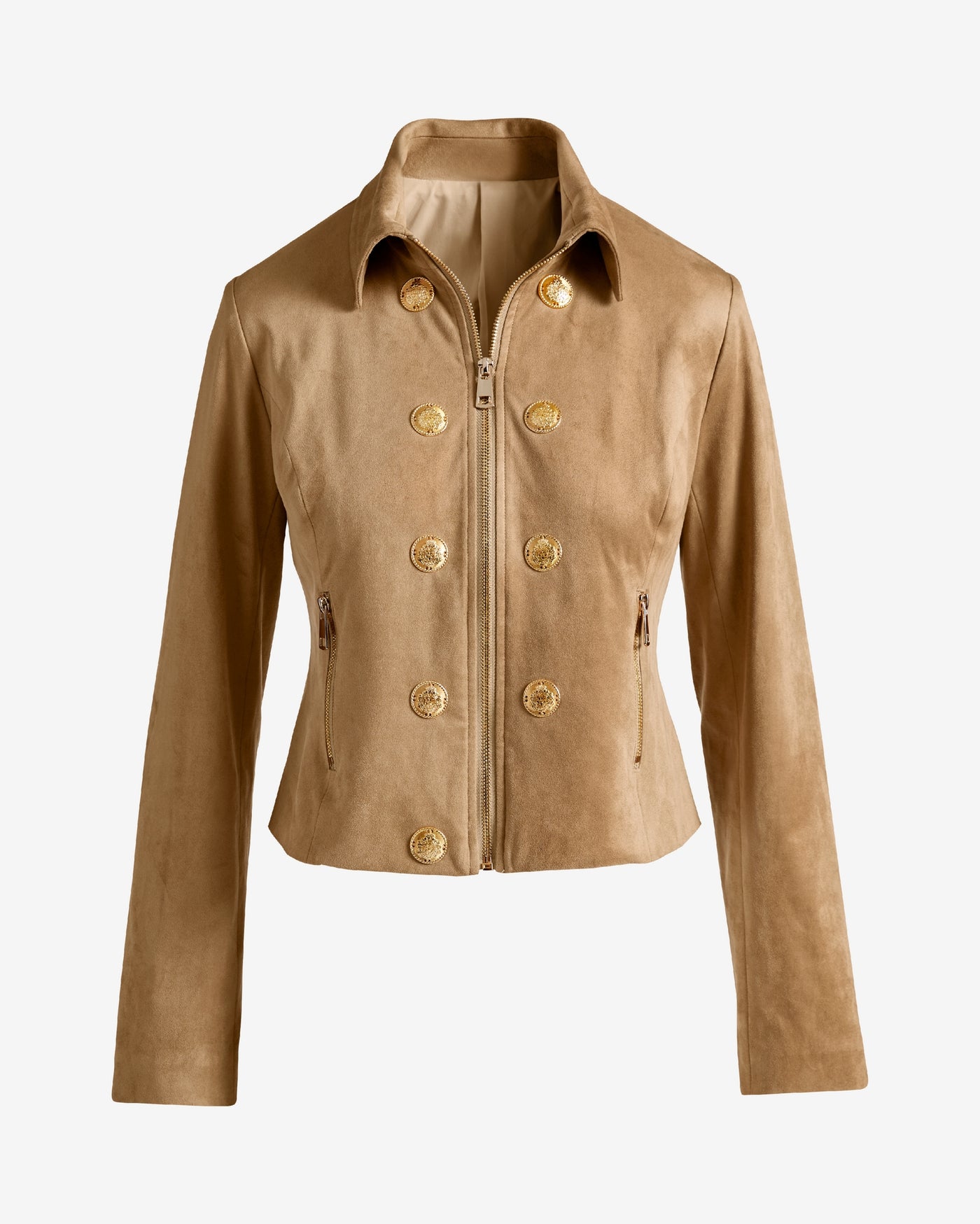 Zip Front Crest Button Faux Suede Jacket Sand