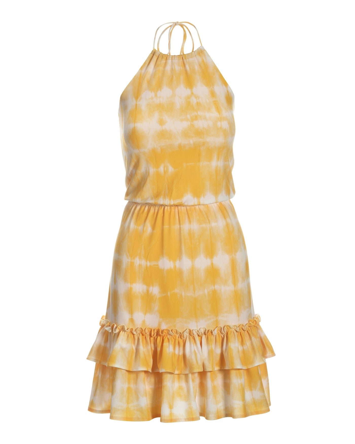 Golden Dye Print Cinch-Waist Ruffle Dress Yellow