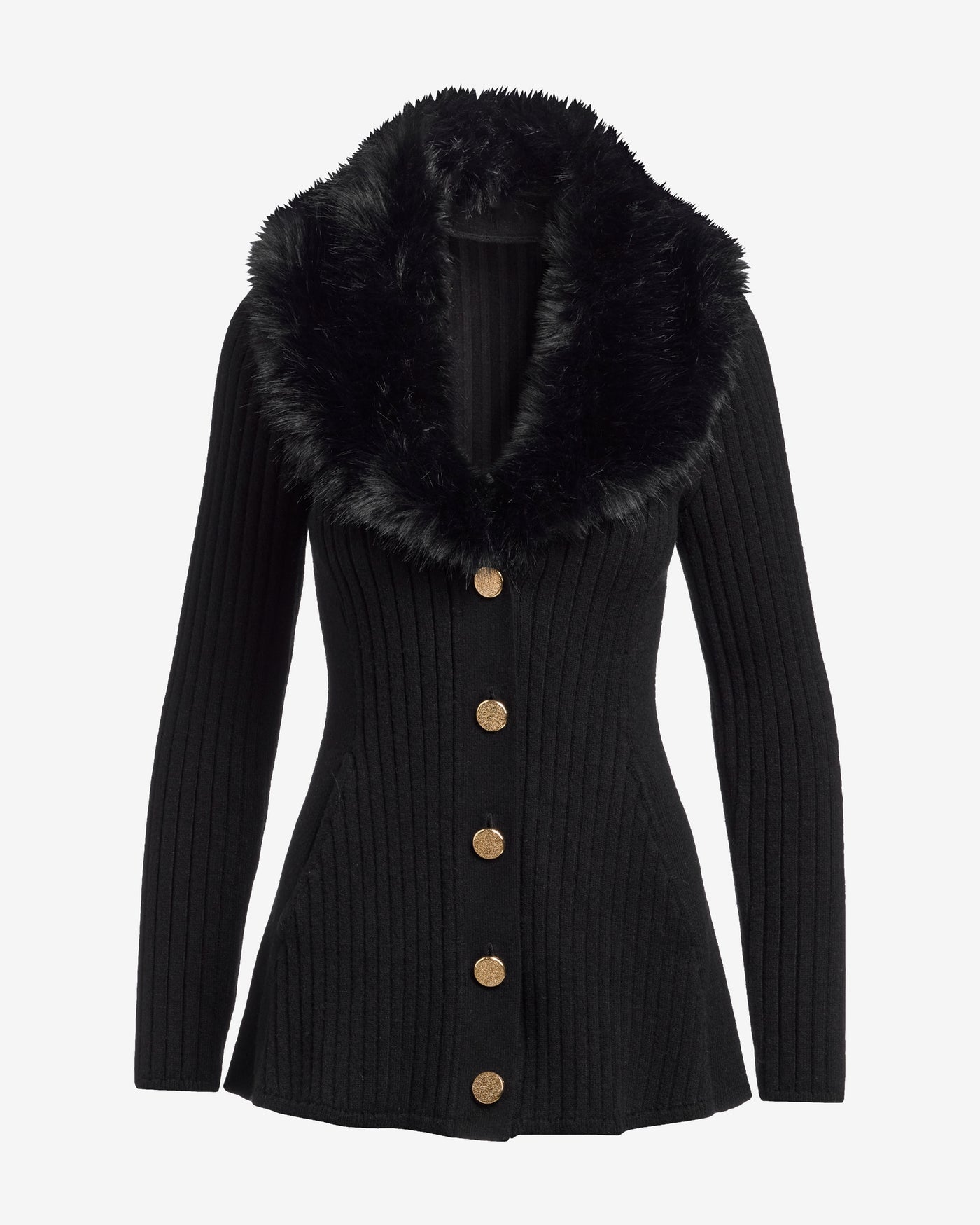 Faux Fur Trim Button Up A-Line Cardigan Proper Black