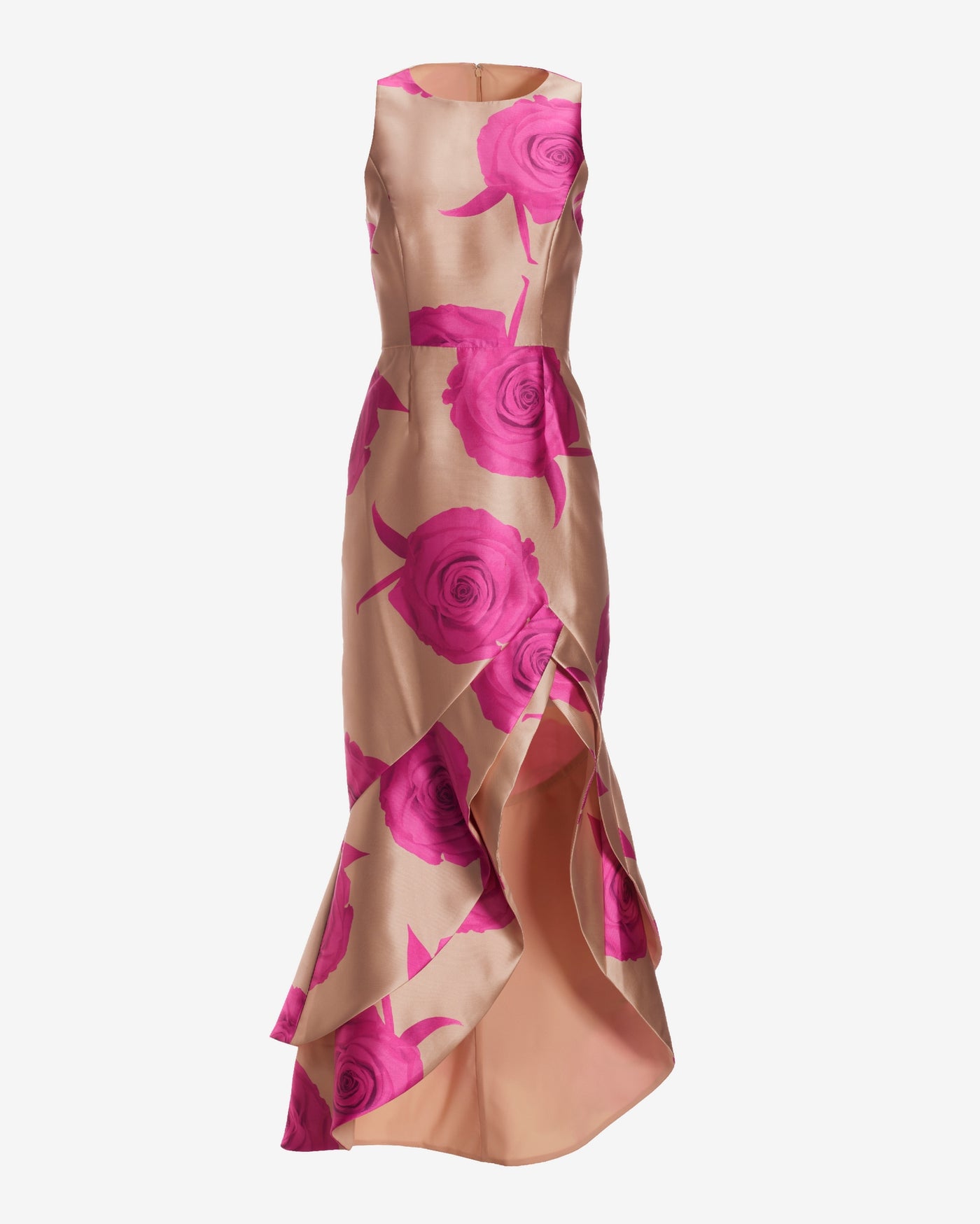 Exploded Rose Print High Neck Ruffle Gown Pink Multi