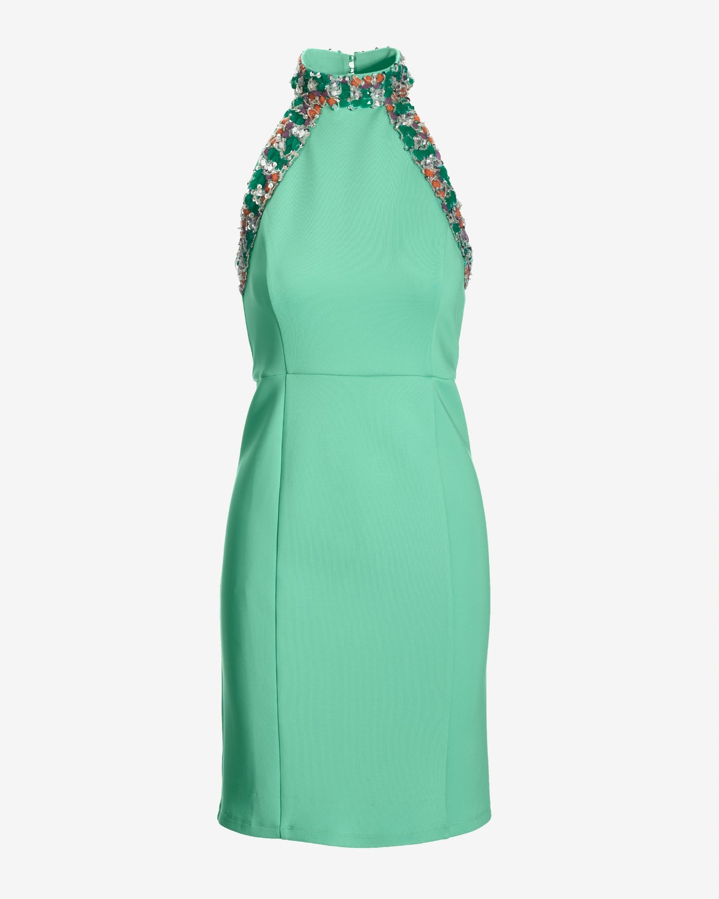 Multi Color Gem Embellished Mock Neck Scuba Sheath Dress Bermuda