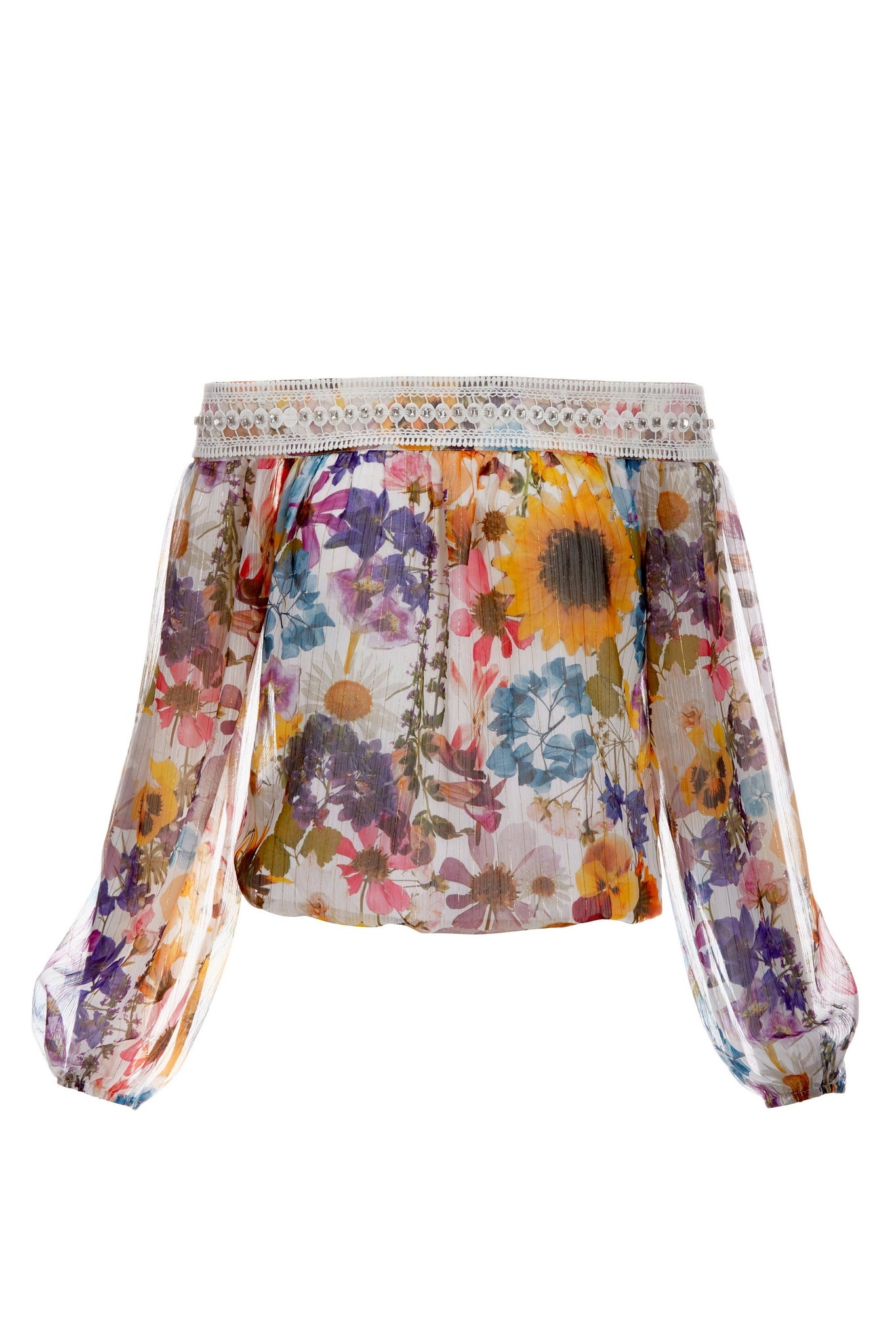 Embellished Floral Print Off The Shoulder Blouse White Multi