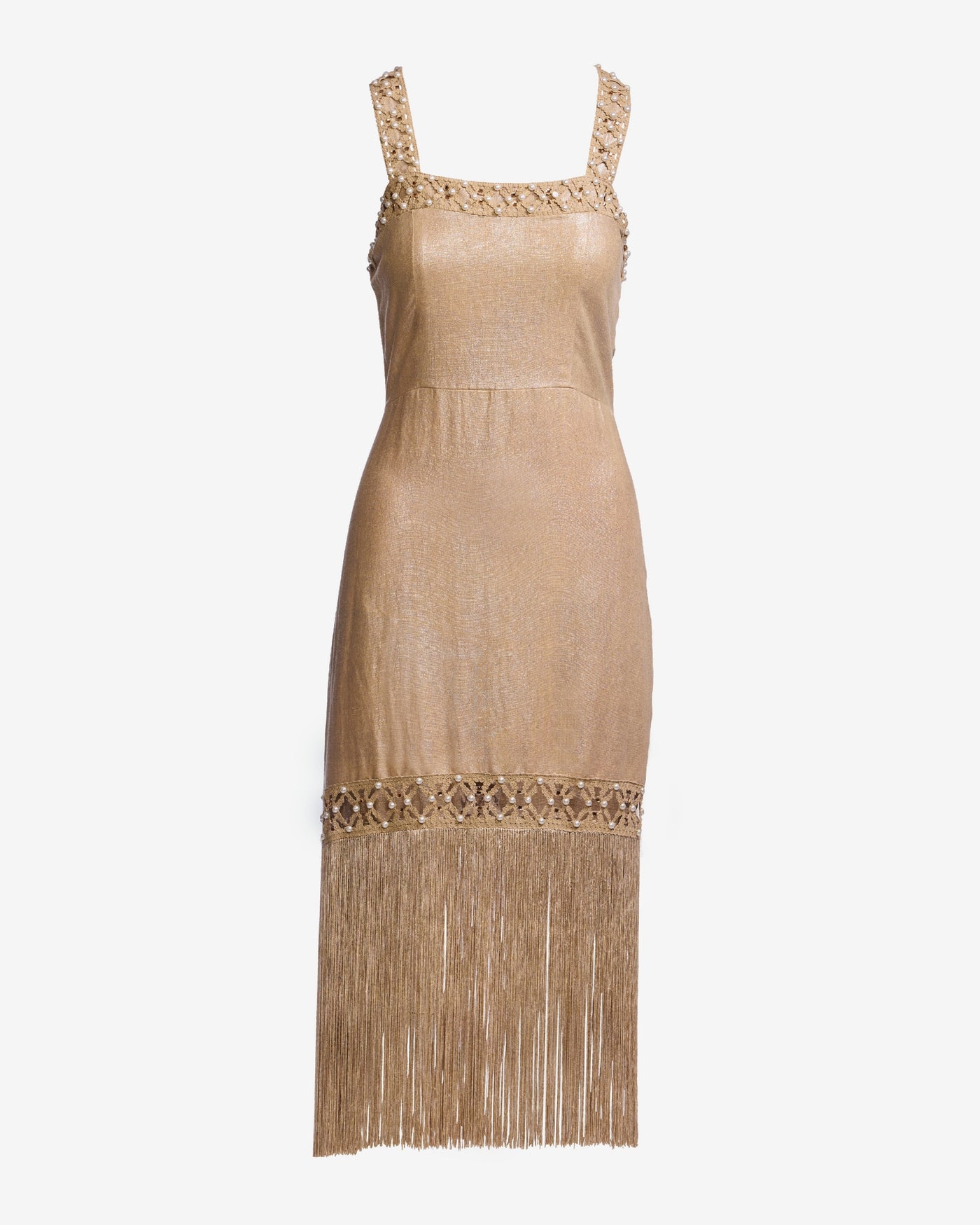 Shimmer Linen Crochet Trim Pearl Embellished Square Neck Fringe Dress Gold