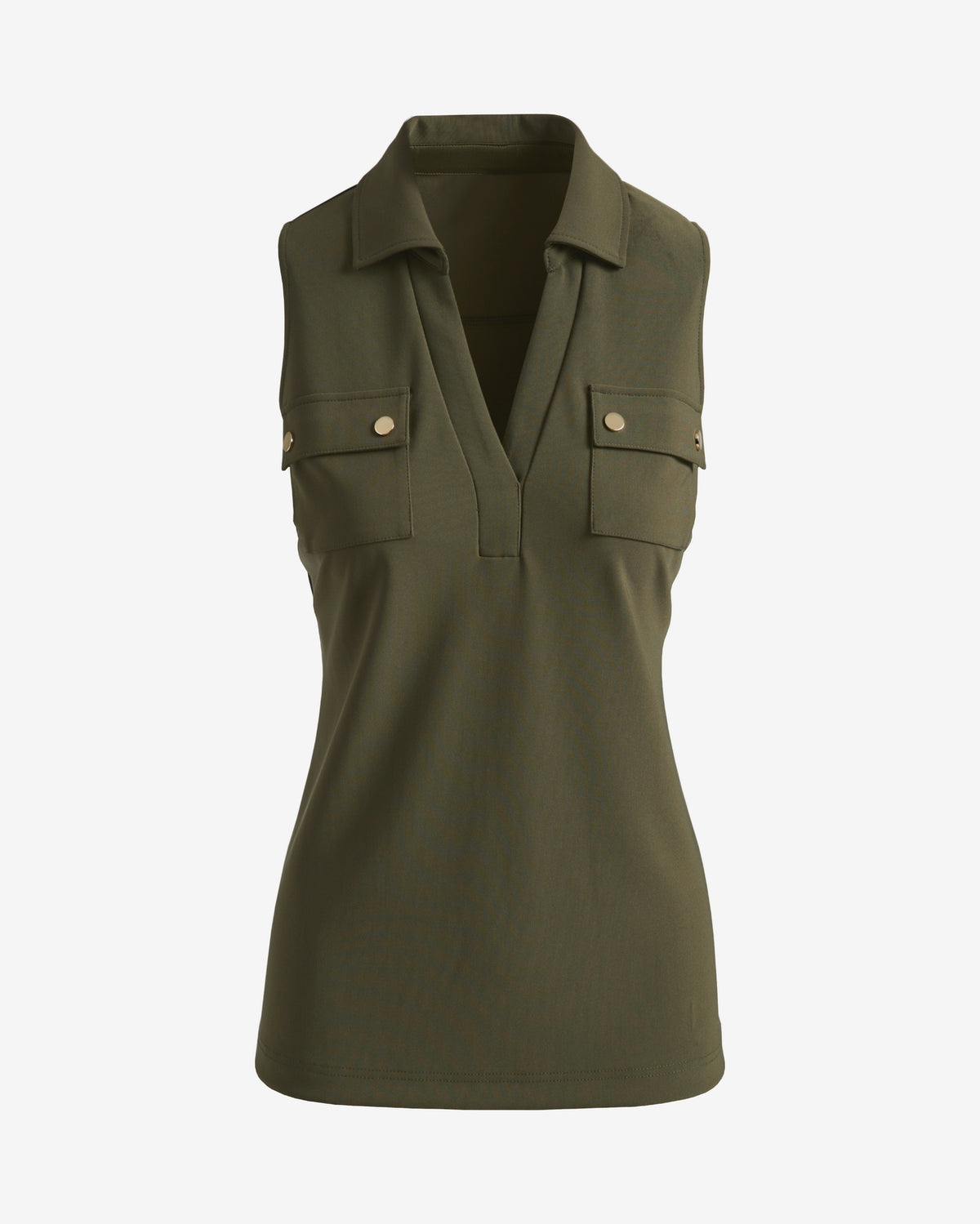 Beyond Travel Sleeveless Collared Utility Top Olive Night