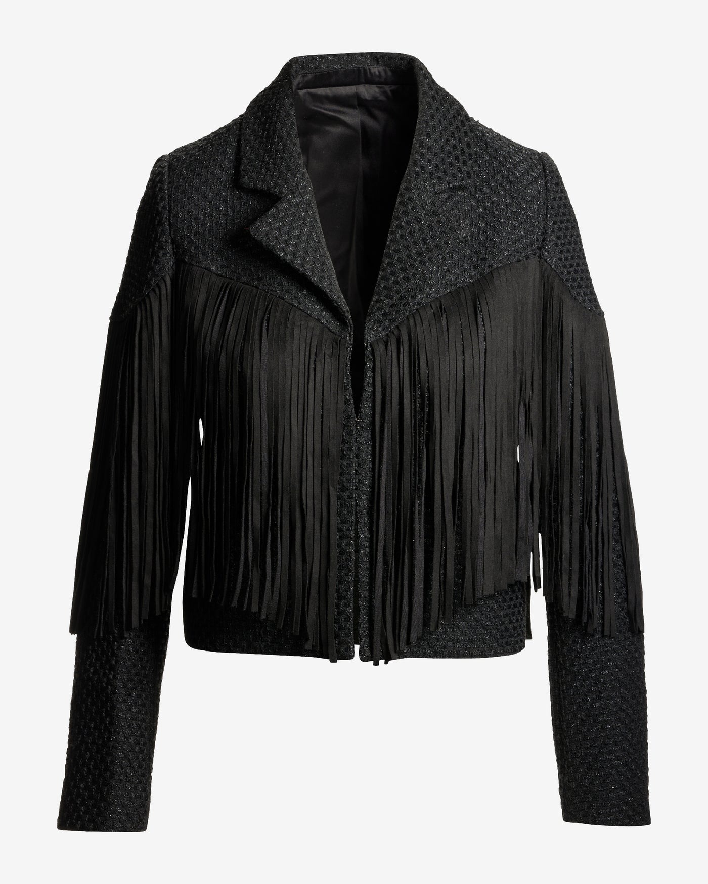 Fringe Detail Collared Shimmer Tweed Jacket Black