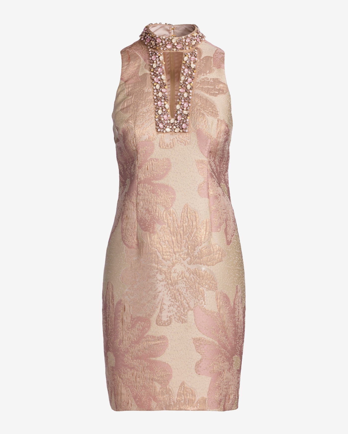 Metallic Floral Jacquard Crystal Embellished Cut Out Sheath Dress Pink/Gold