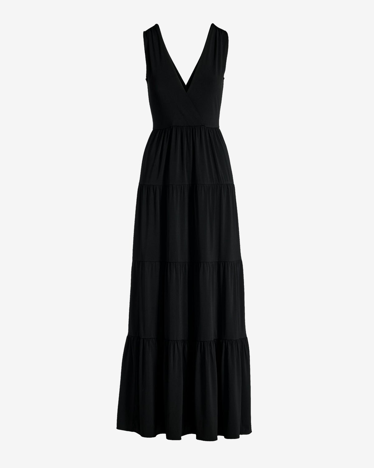 V Neck Tiered Knit Maxi Dress Black