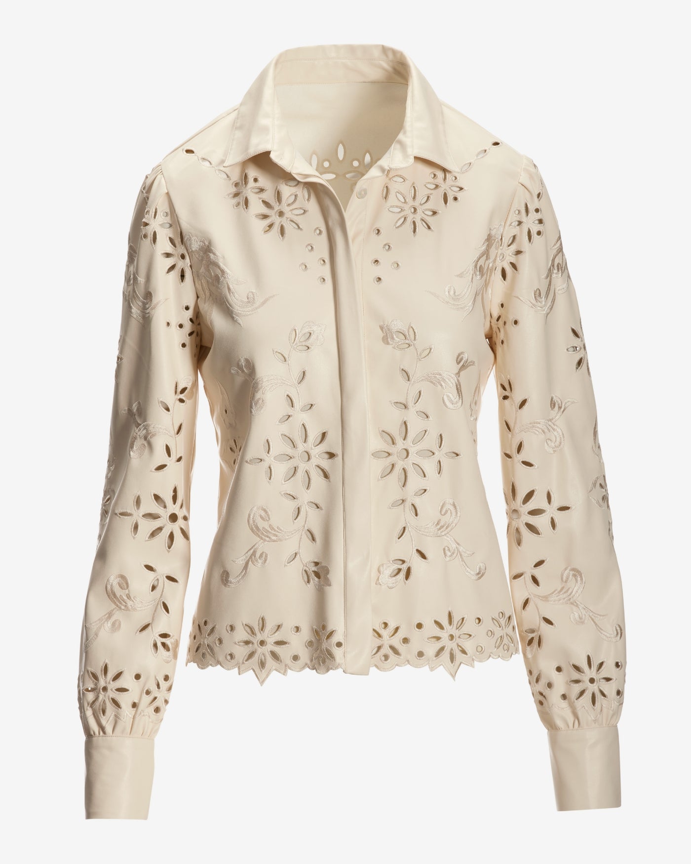 Faux Leather Laser Cut Button Up Shirt Ecru