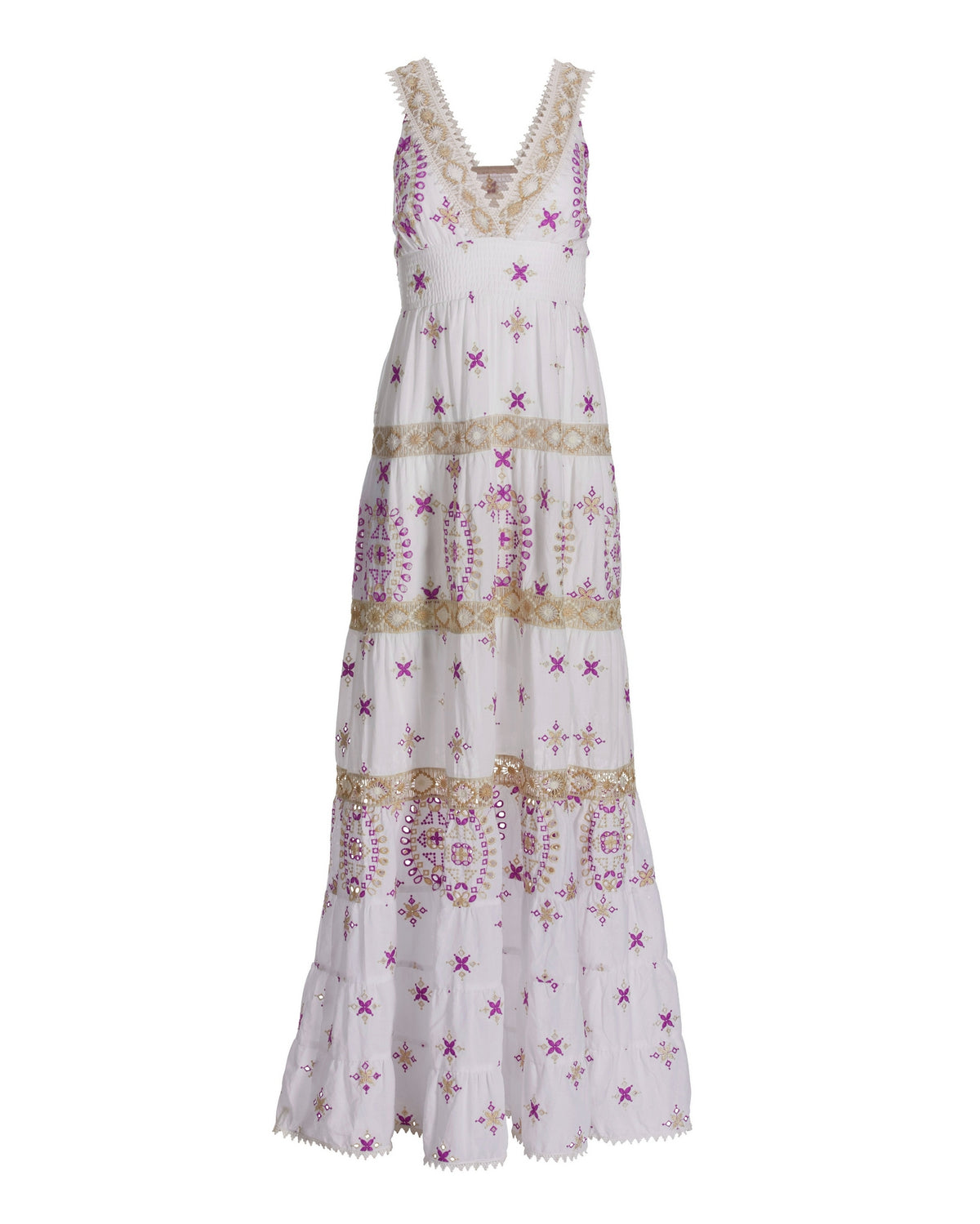Metallic Lace-Inset Eyelet Maxi Dress White/Purple Multi