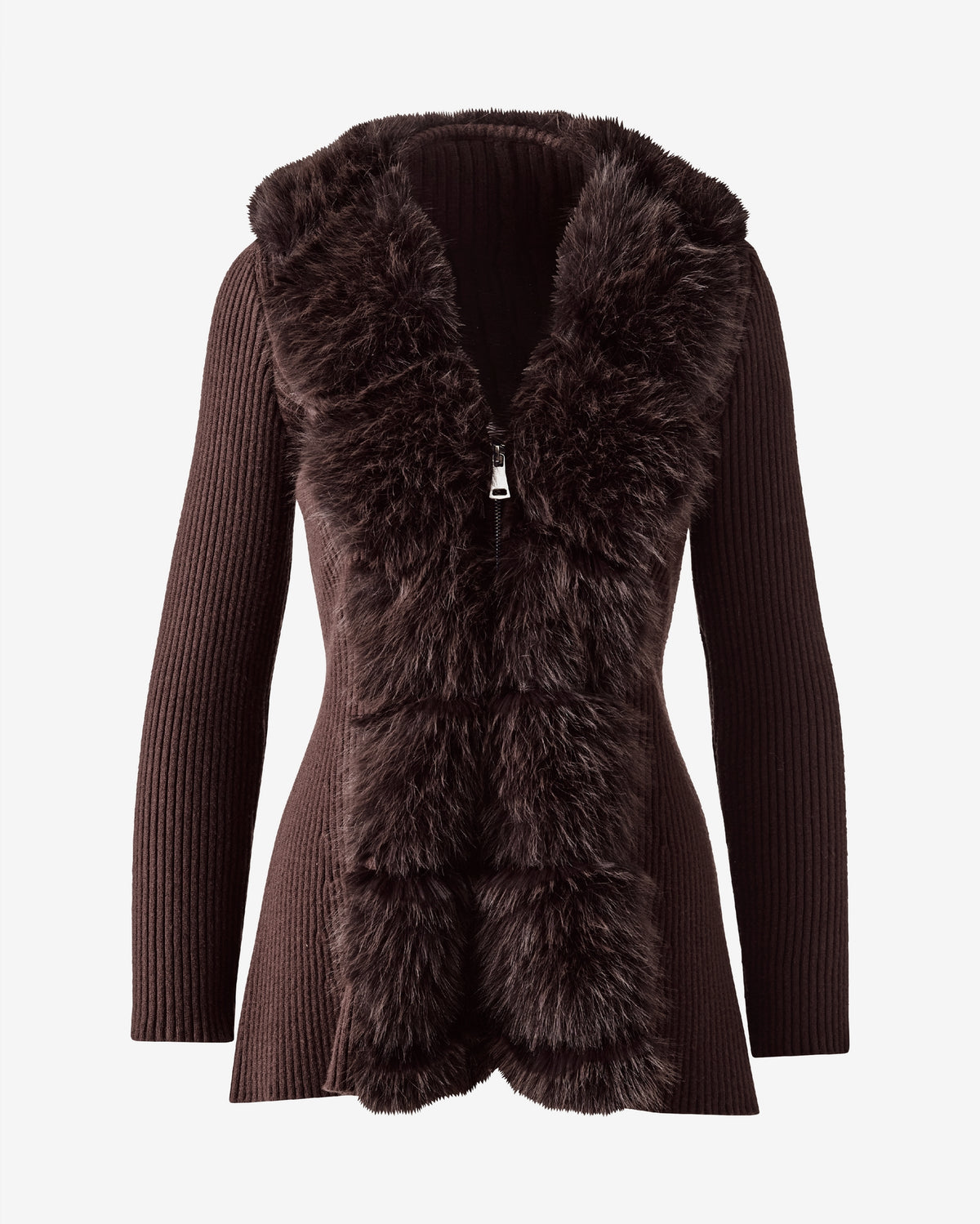 Channeled Faux Fur Detail Zip Up Sweater Chocolate Torte
