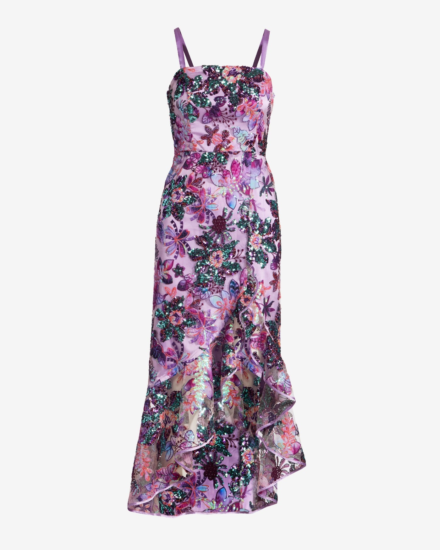 Embroidered Sequin Mesh Ruffle Slit Midi Dress Purple Multi