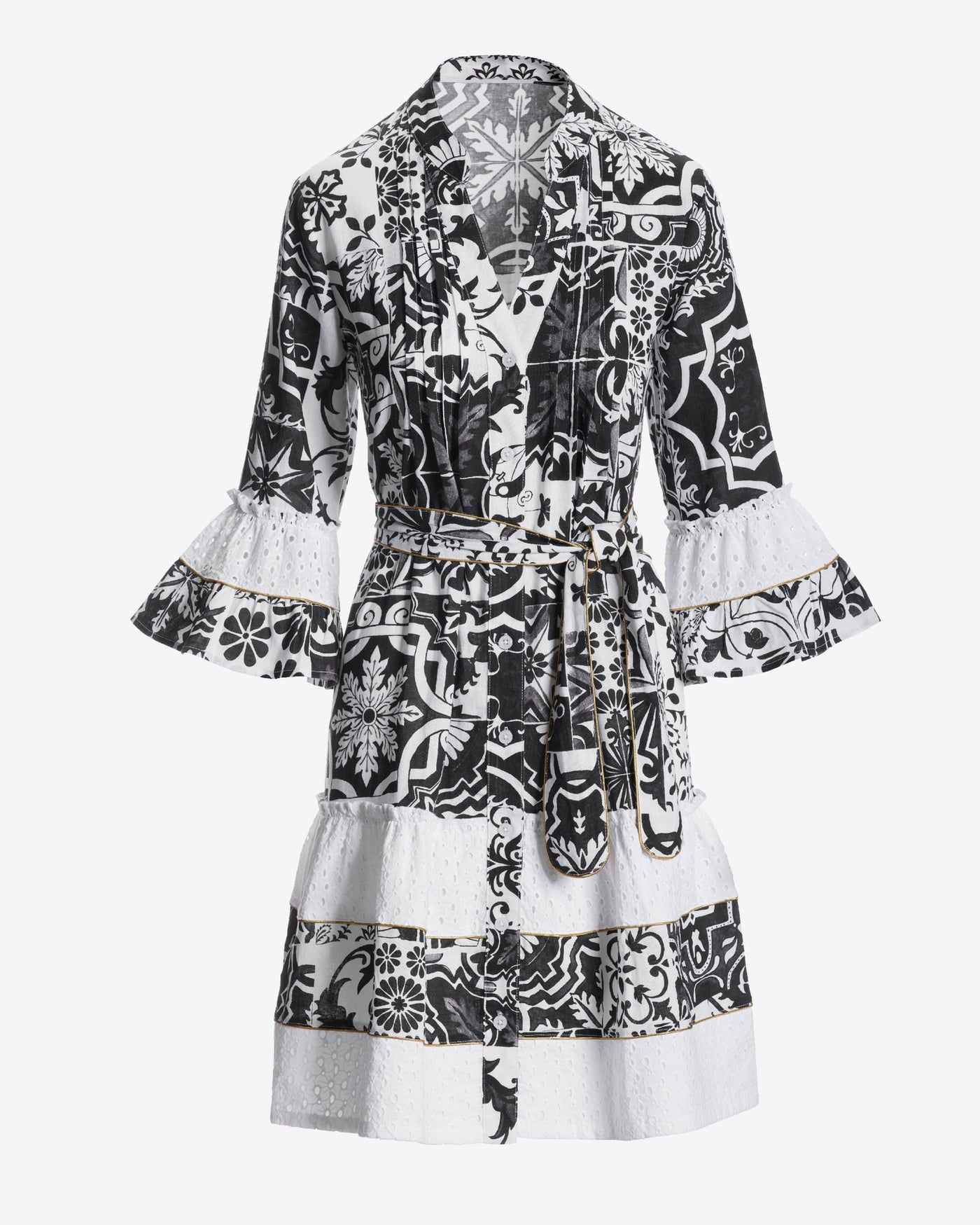 Chic Tiles Print Eyelet-Inset Tiered A-Line Dress Black/White
