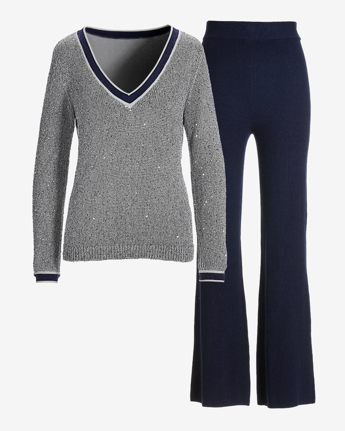 Sequin Stripe V Neck Sweater Set Silver
