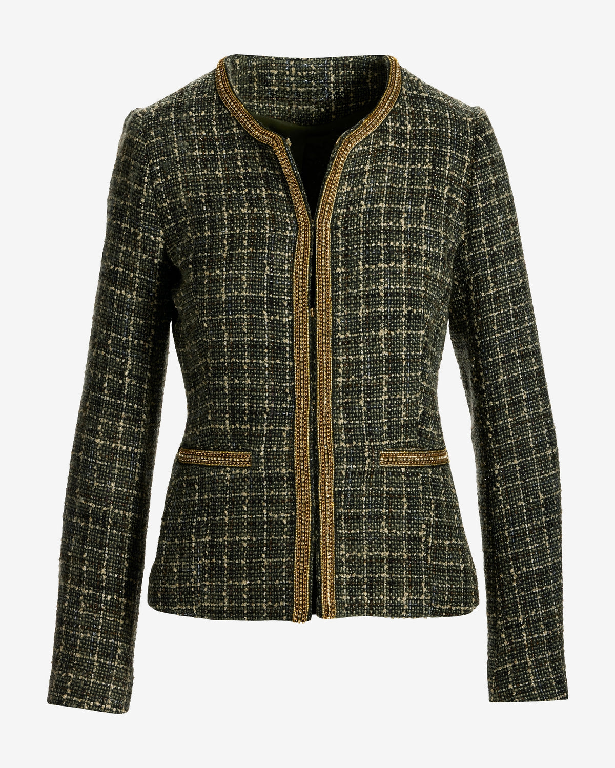 Gold Trim Collarless Tweed Jacket Olive Multi