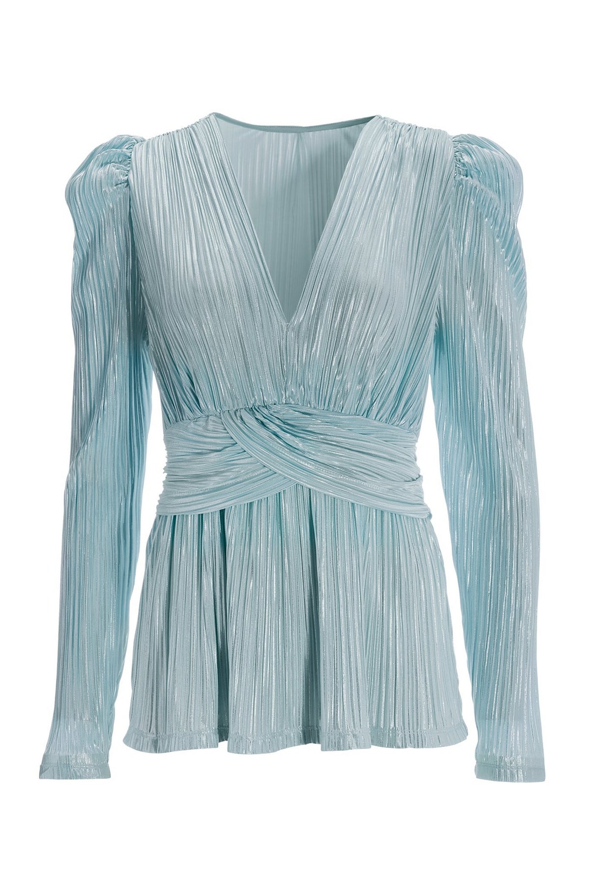 Metallic Pleated Knit Long-Sleeve Top Light Blue
