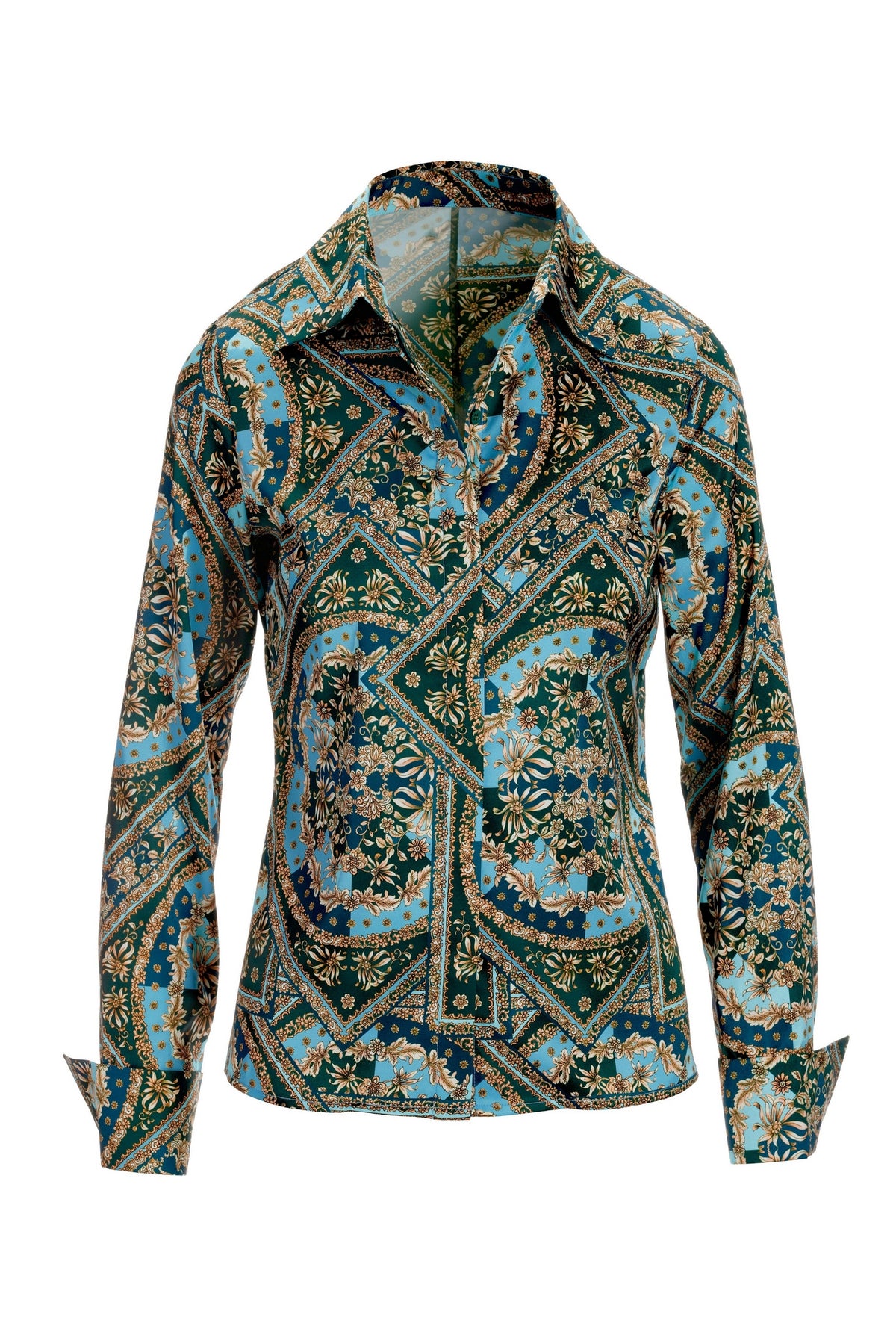 Classic Patchwork Print Sophia Button Up Charmeuse Blouse Green