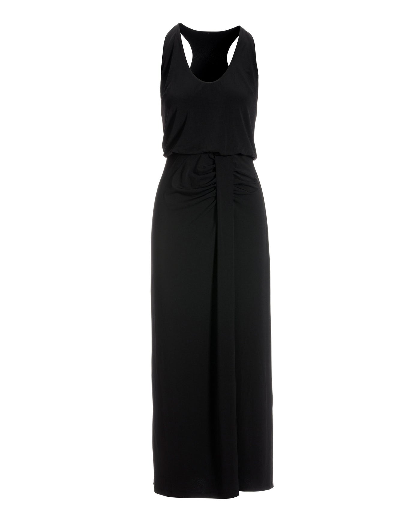 Scoop-Neck Blouson Slit Midi Dress Black