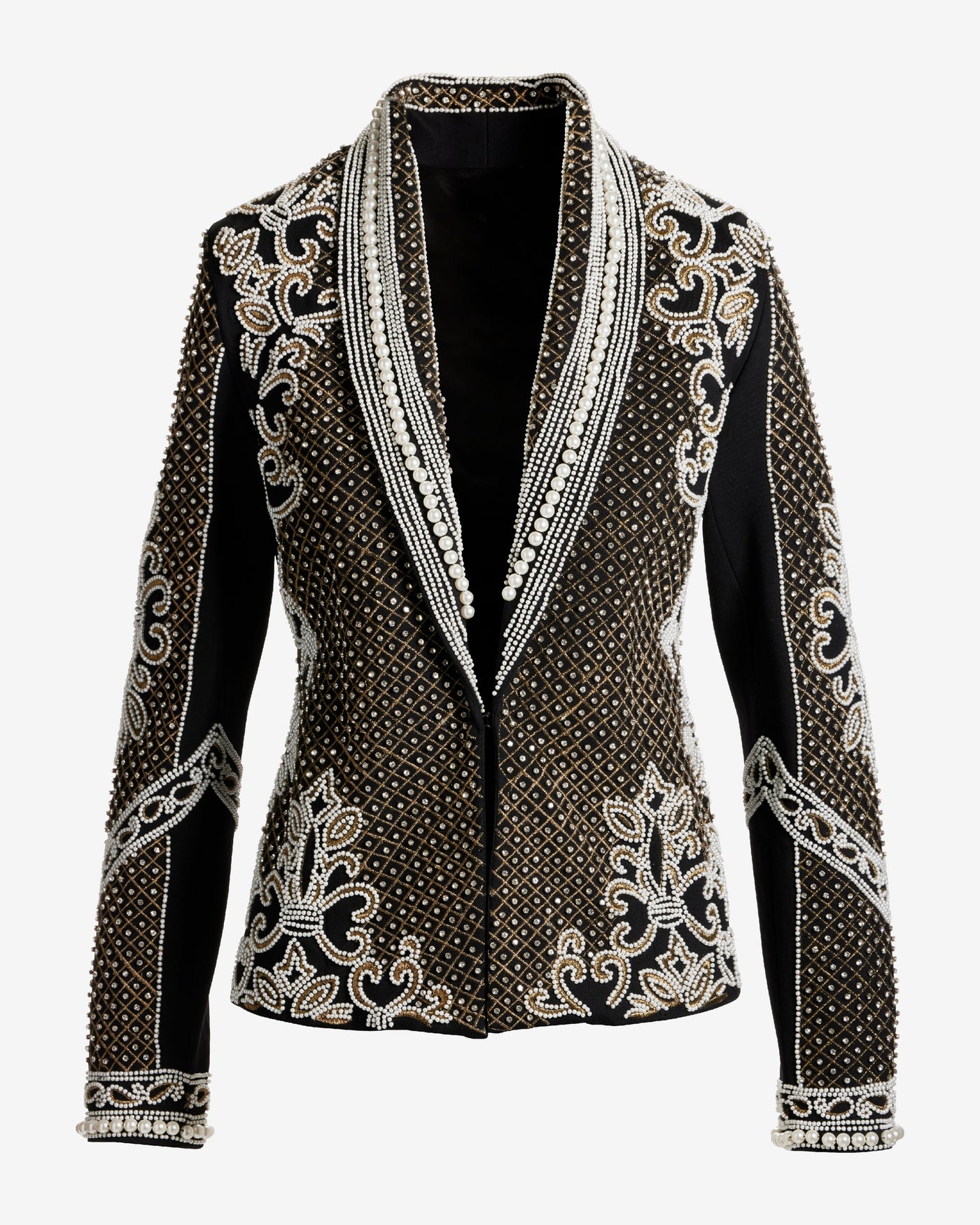 Over The Top Pearl and Rhinestone Embellished Shawl Collar Ponte Jacket Black Multi