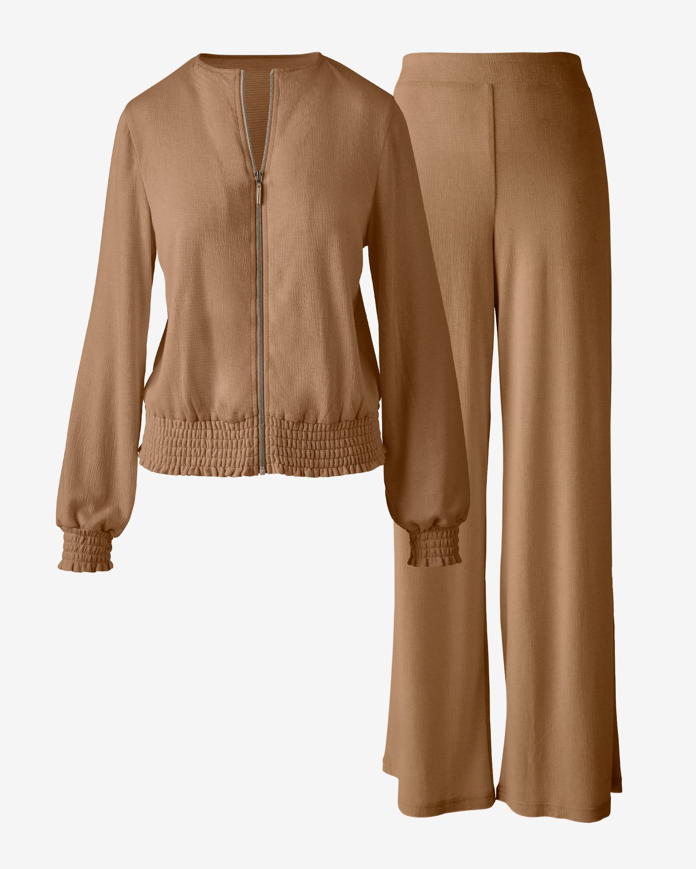 Textured Knit Smocked Jacket and Pant Set Tobacco Brown