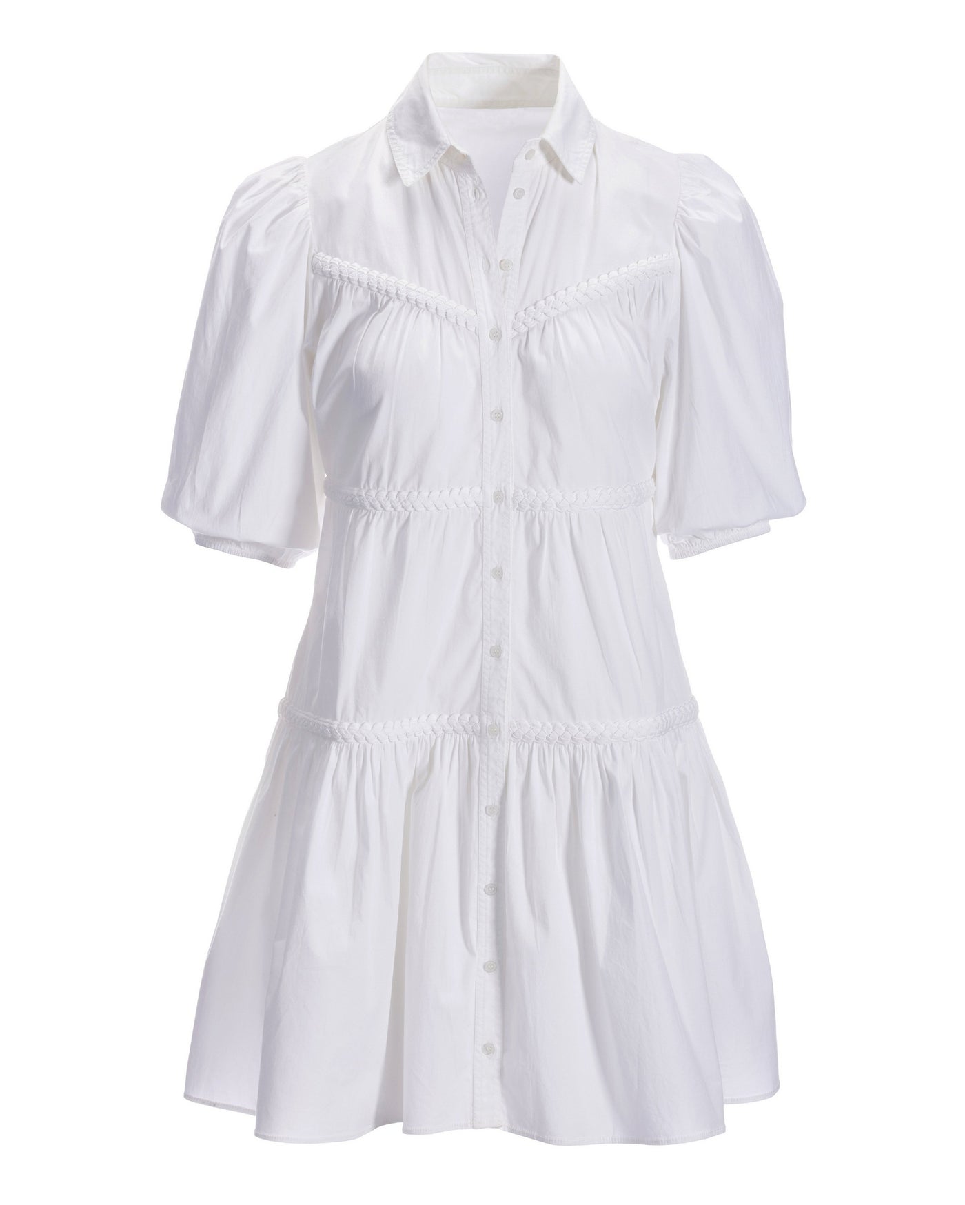 Puff-Sleeve Poplin Tiered Effortless Dress White
