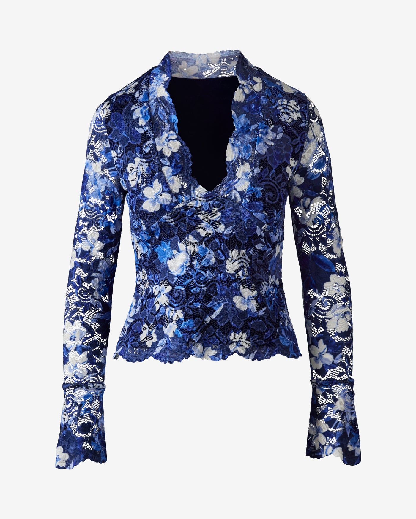 Printed Lace V Neck Long Sleeve Top Blue Multi