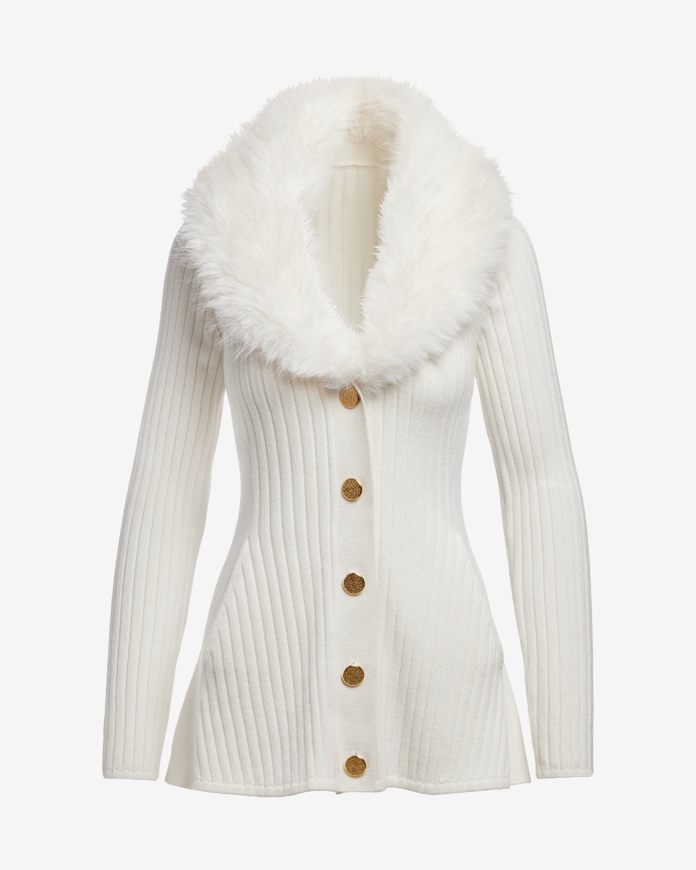Faux Fur Trim Button Up A-Line Cardigan Off White
