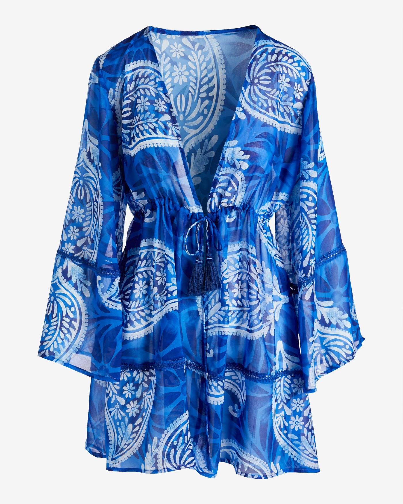 Tie Waist Flare Sleeve Printed Coverup Blue White