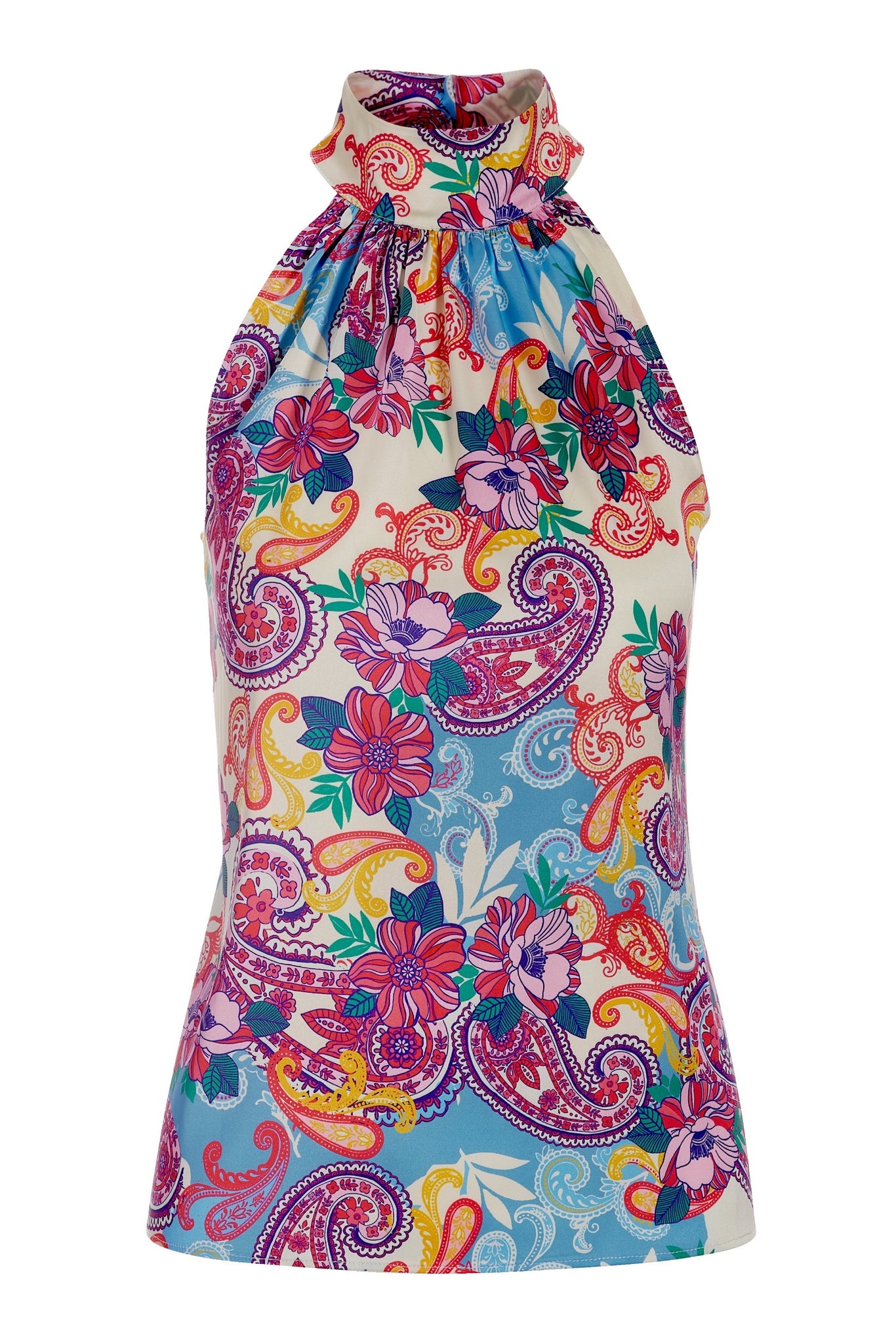 Sedona Swirls Print Charlotte Mock Neck Charmeuse Blouse Pink/Blue