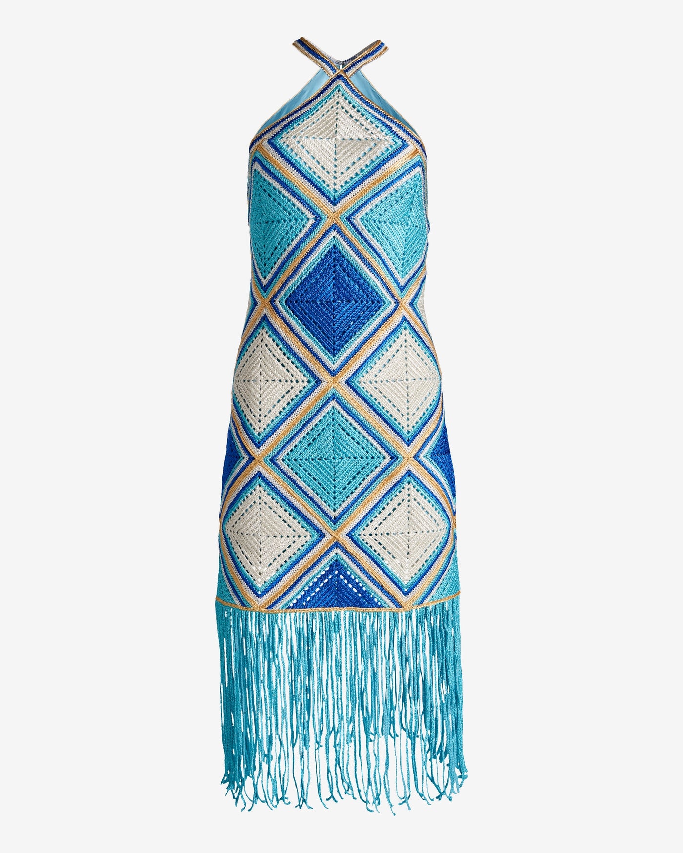 Tile Crochet Halter Fringe Dress Blue Multi