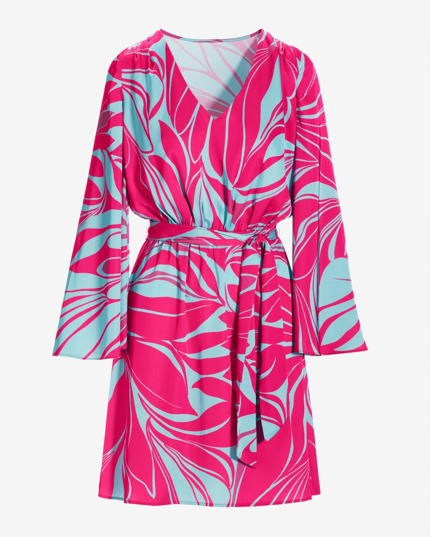Sirena Abstract Print Flare Sleeve Charmeuse Dress Blue/Pink