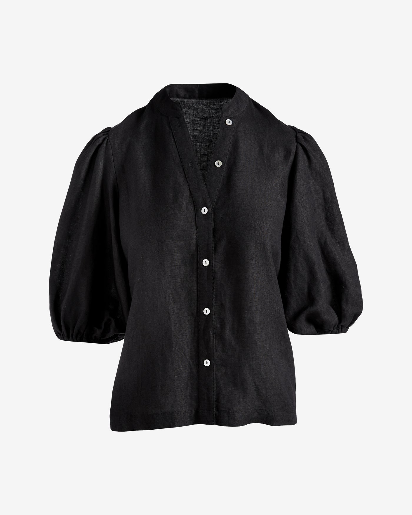 Linen Puff Sleeve Button Up Blouse Black
