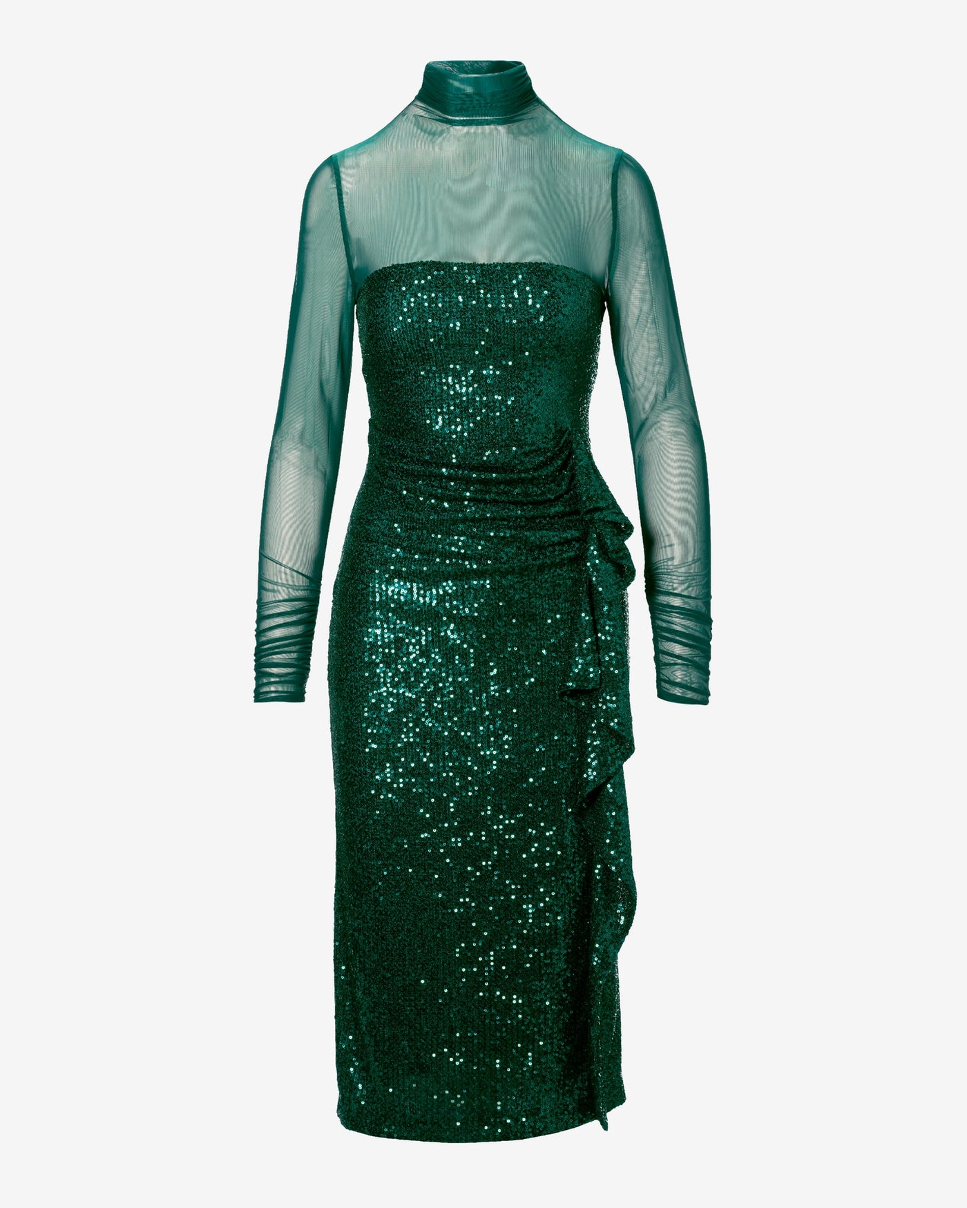 Mesh Long Sleeve Sequin Sheath Dress Deep Emerald