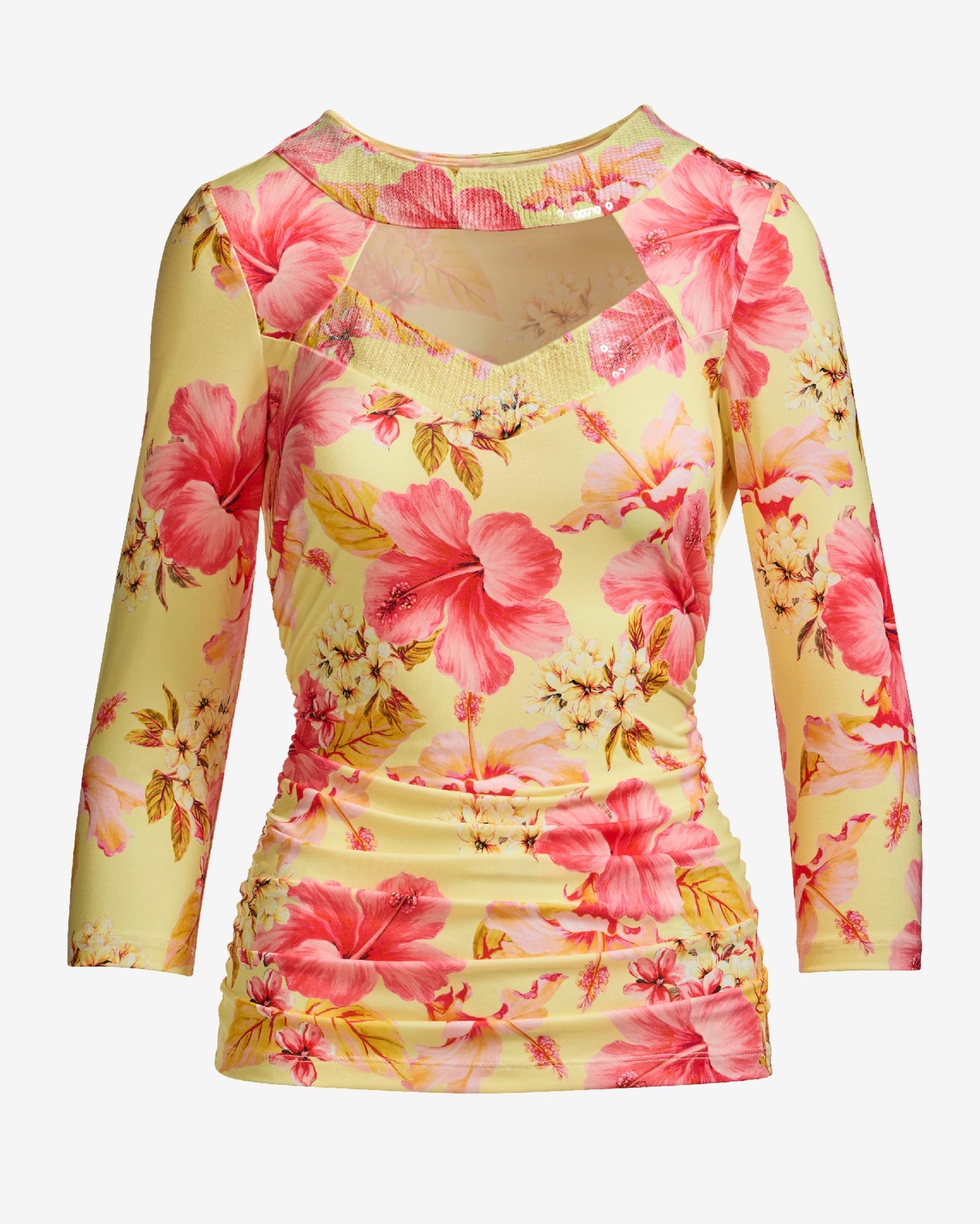 So Chic Print Cut Out Ruched Knit Top Hibiscus Springs
