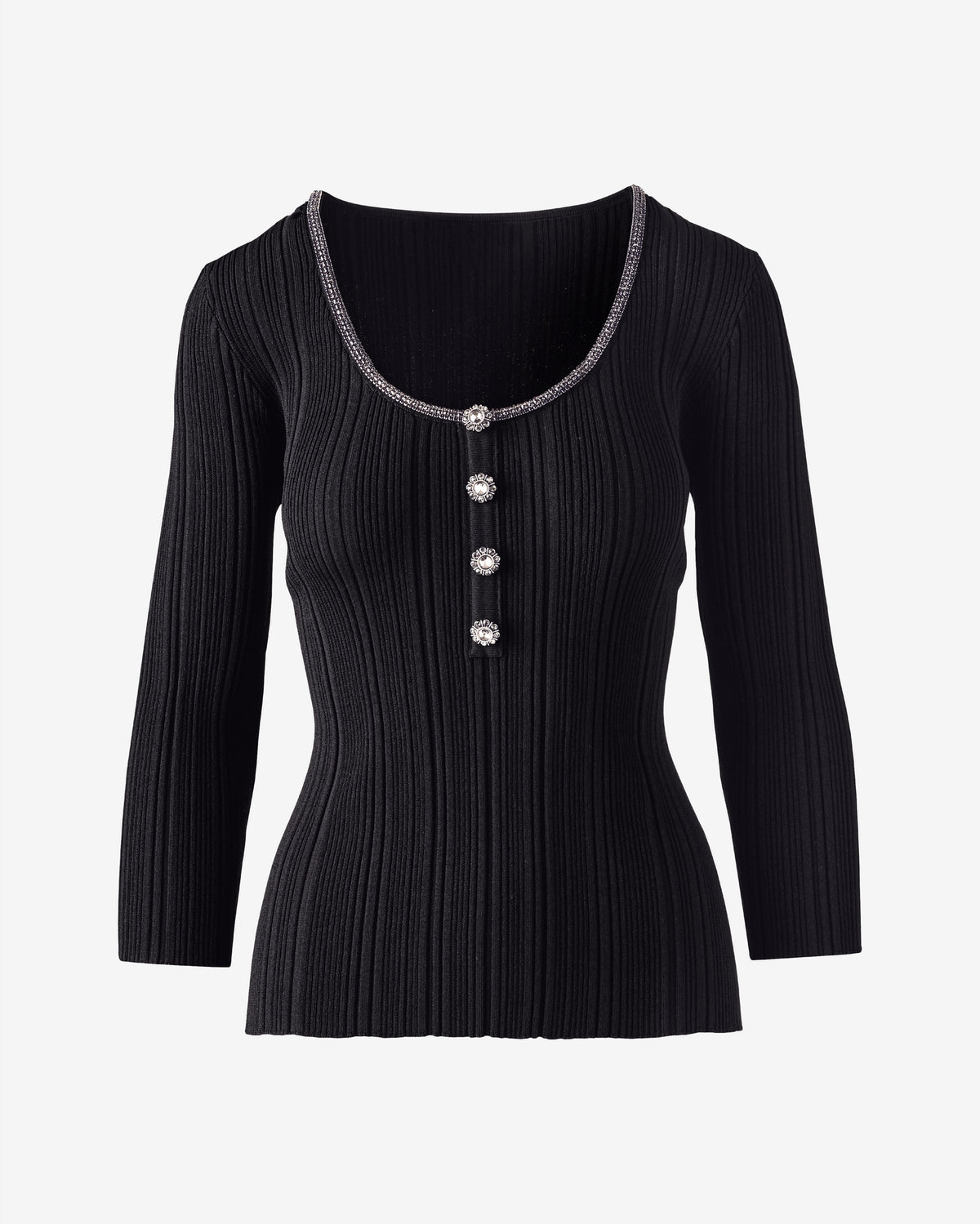 Variegated Rib 3/4 Sleeve Sweater with Novelty Trim Black
