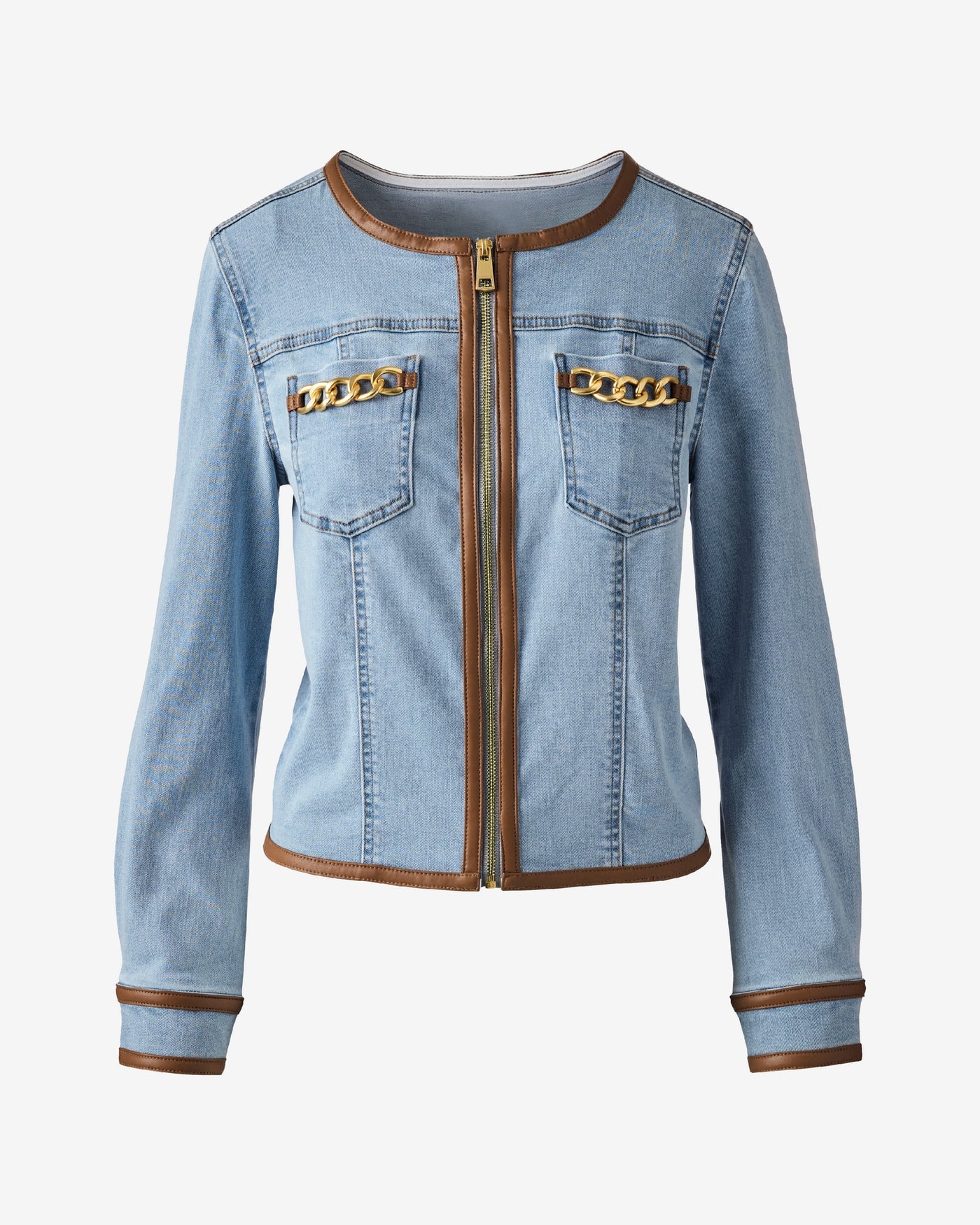 Faux Leather and Chain Trimmed Zip Front Denim Jacket Medium Wash