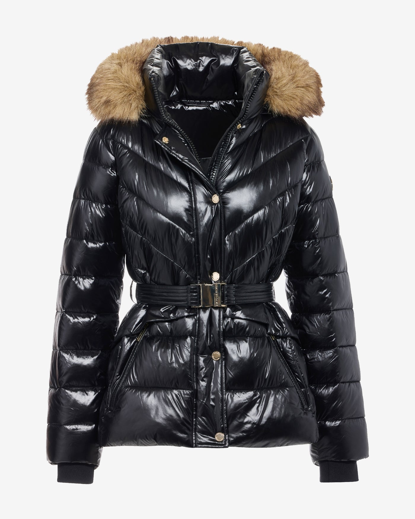 Glossy Finish Faux Fur Trim Hooded Puffer Coat Black