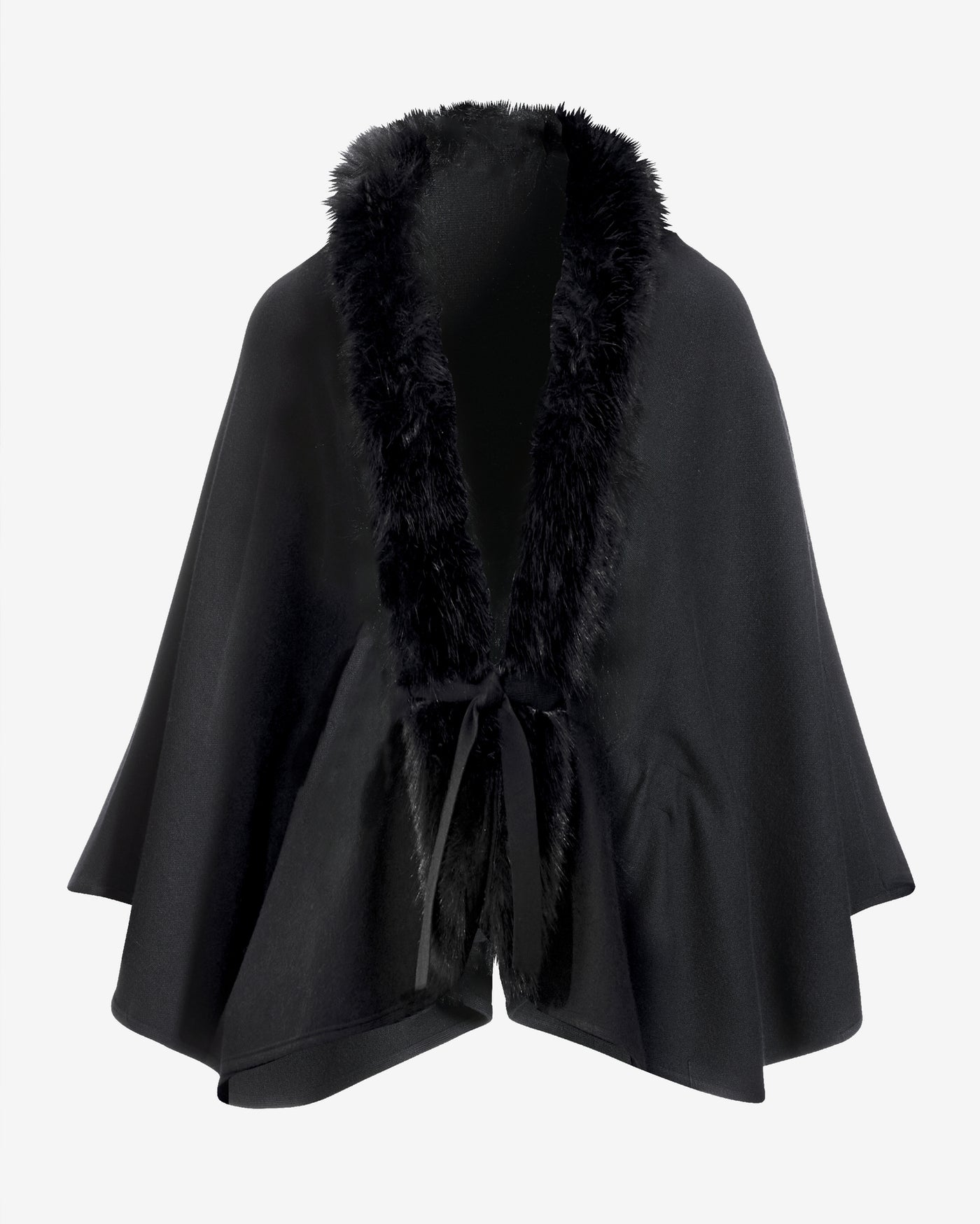Faux Fur Tie Waist Poncho Black