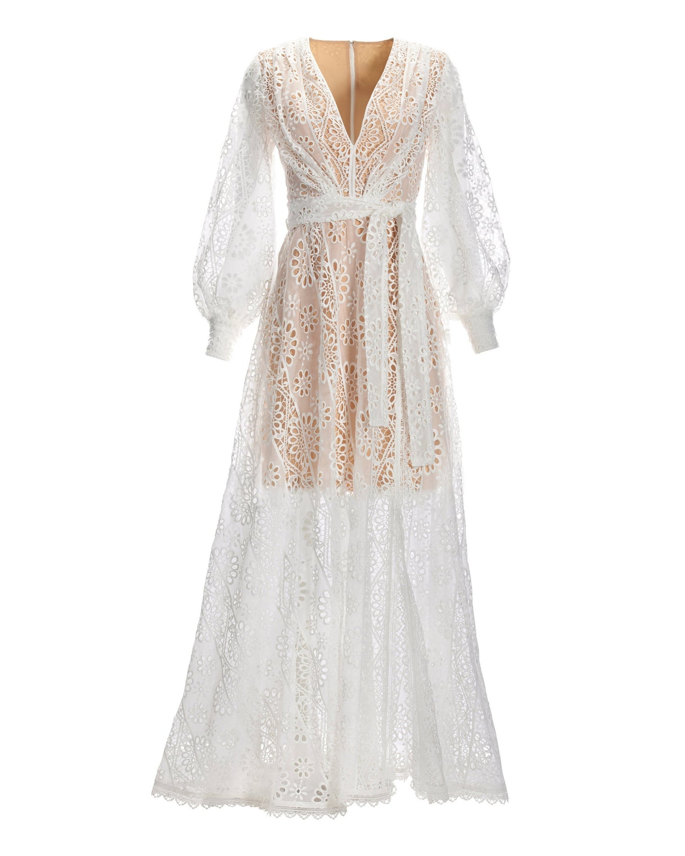 Lace Balloon-Sleeve Slit Maxi Dress White