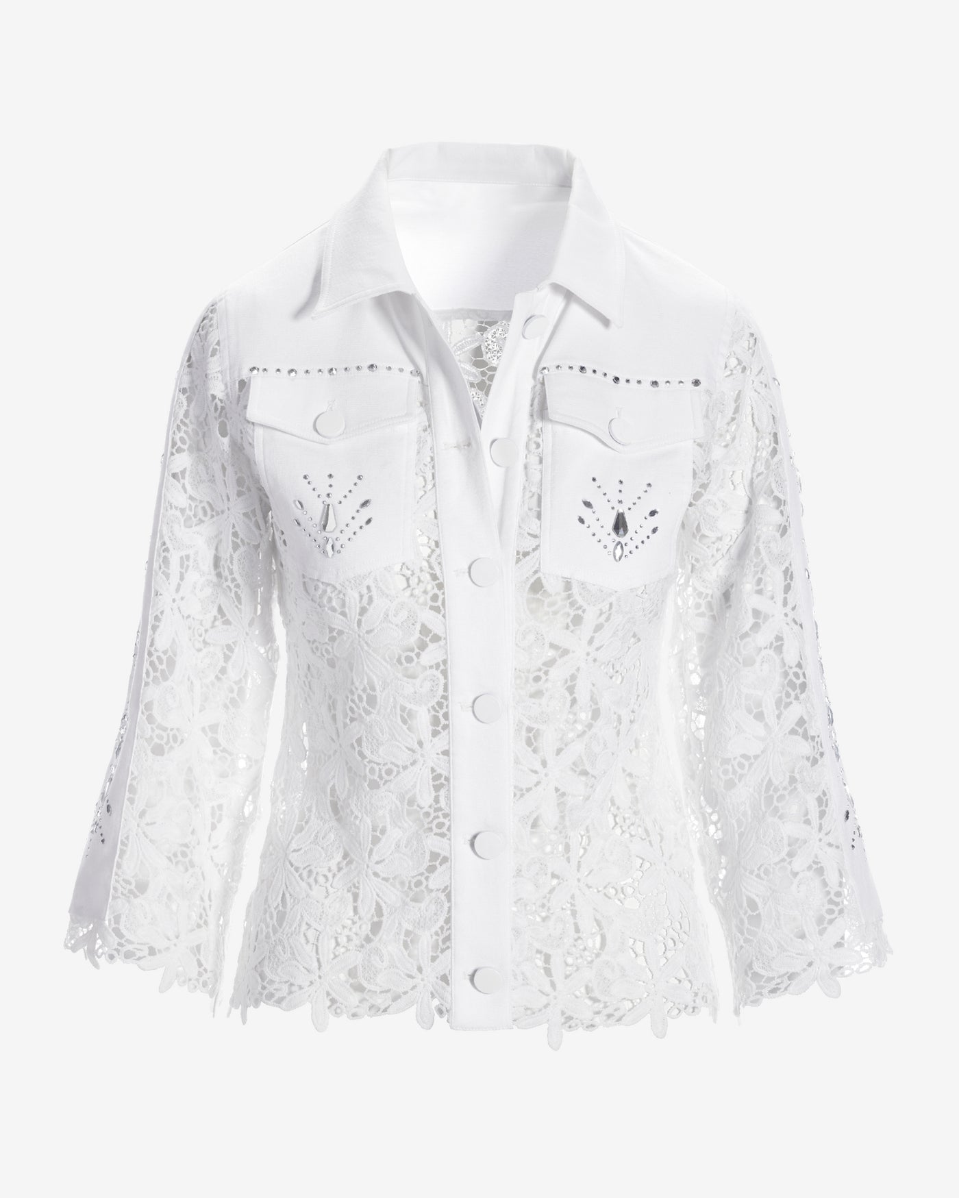 Embellished Lace Three-Quarter Sleeve Denim Jacket White