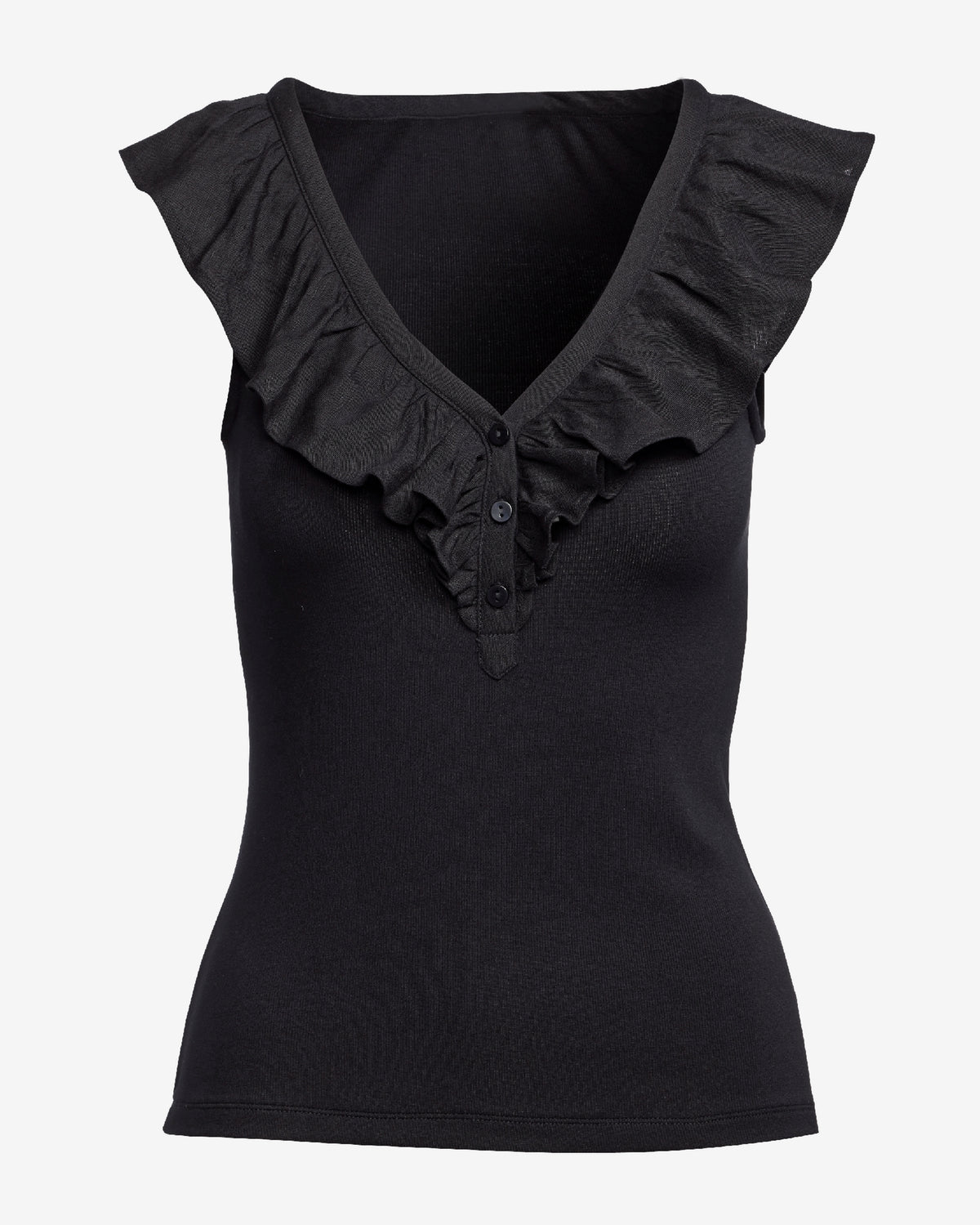 Linen Ruffle Henley Ribbed Top Black