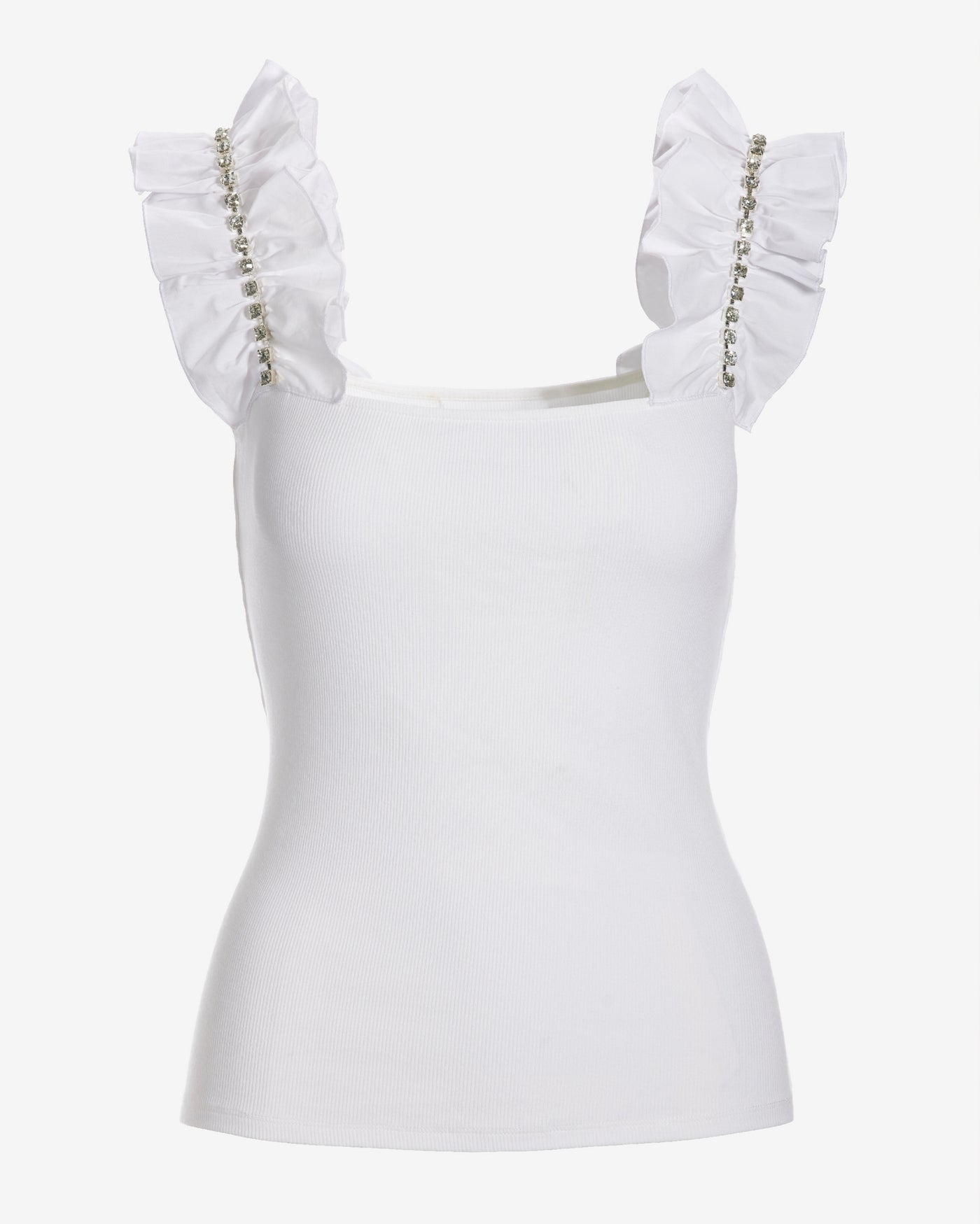 Rhinestone Ruffle Sleeve Tank Top Pure White