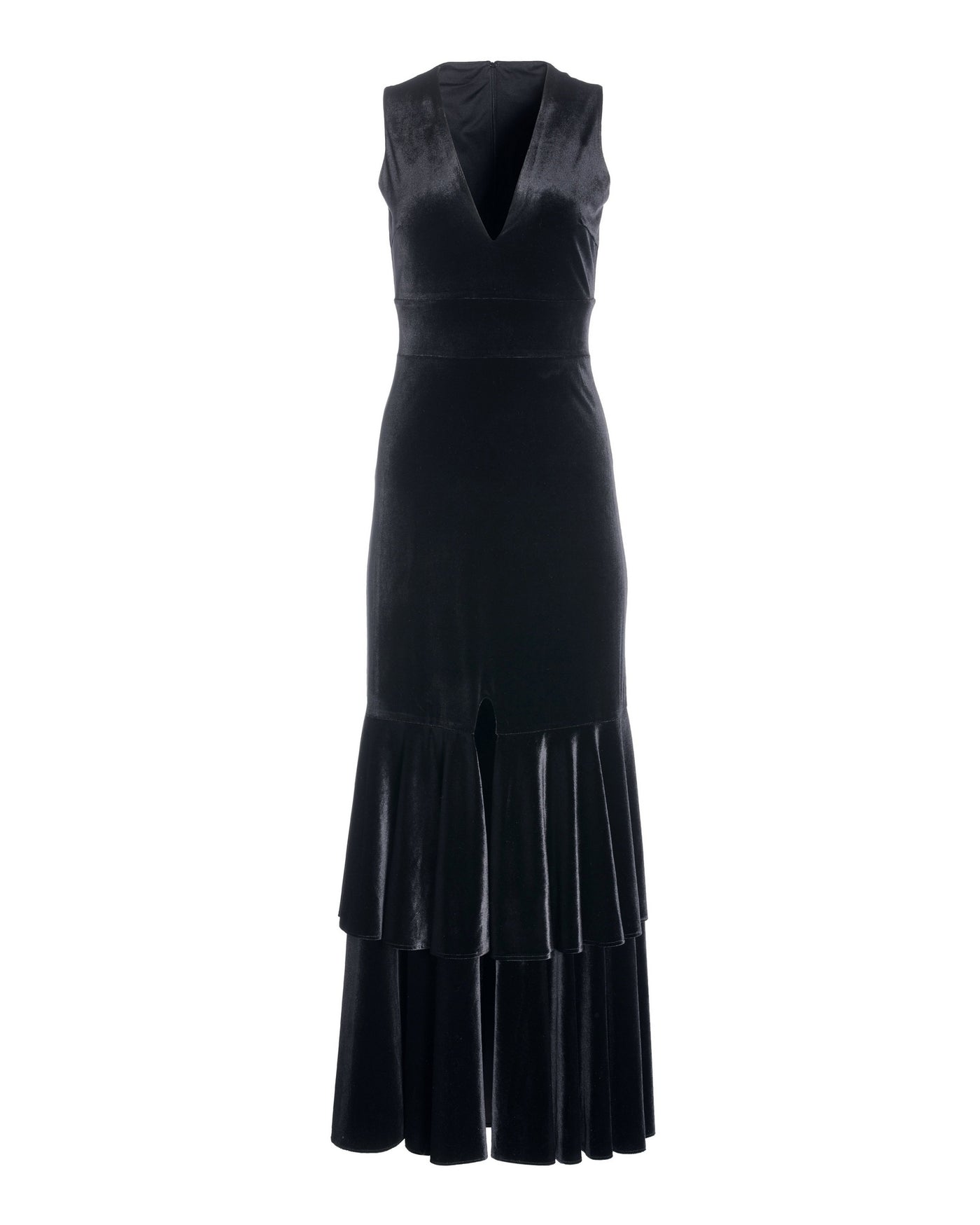 Velvet V Neck Ruffle Hem Gown Black