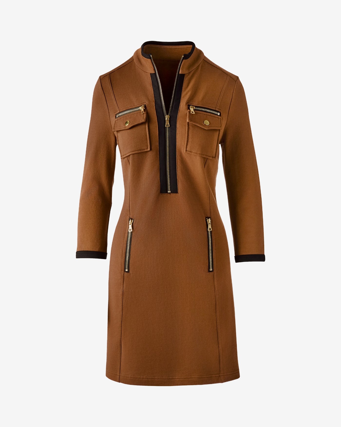 Three Quarter Sleeve Chic Zip Dress Tortoise Shell/Black